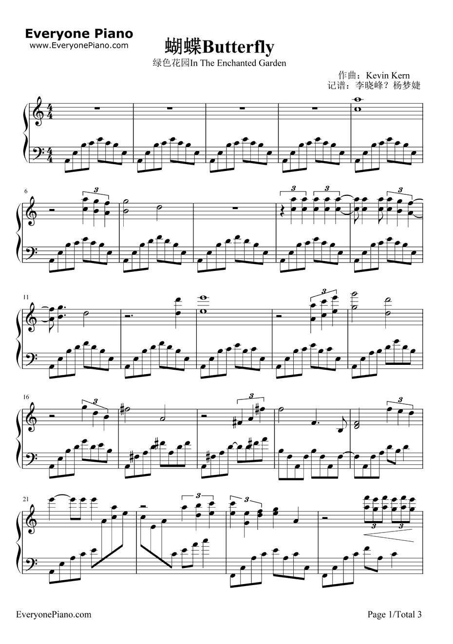 Butterfly钢琴谱-KevinKern-蝴蝶-绿色花园1