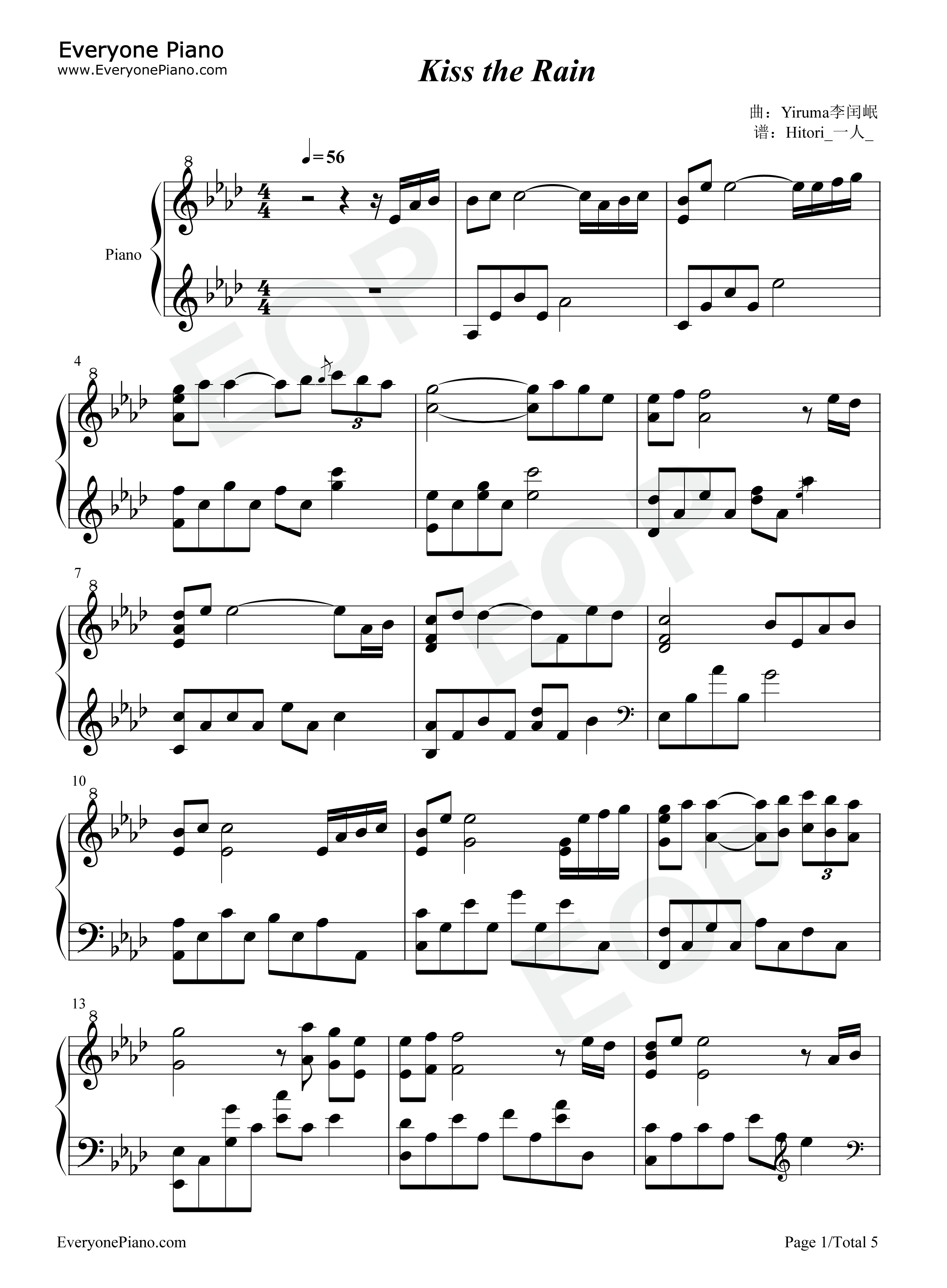 Kiss The Rain原版钢琴谱-李闰珉  Yiruma1