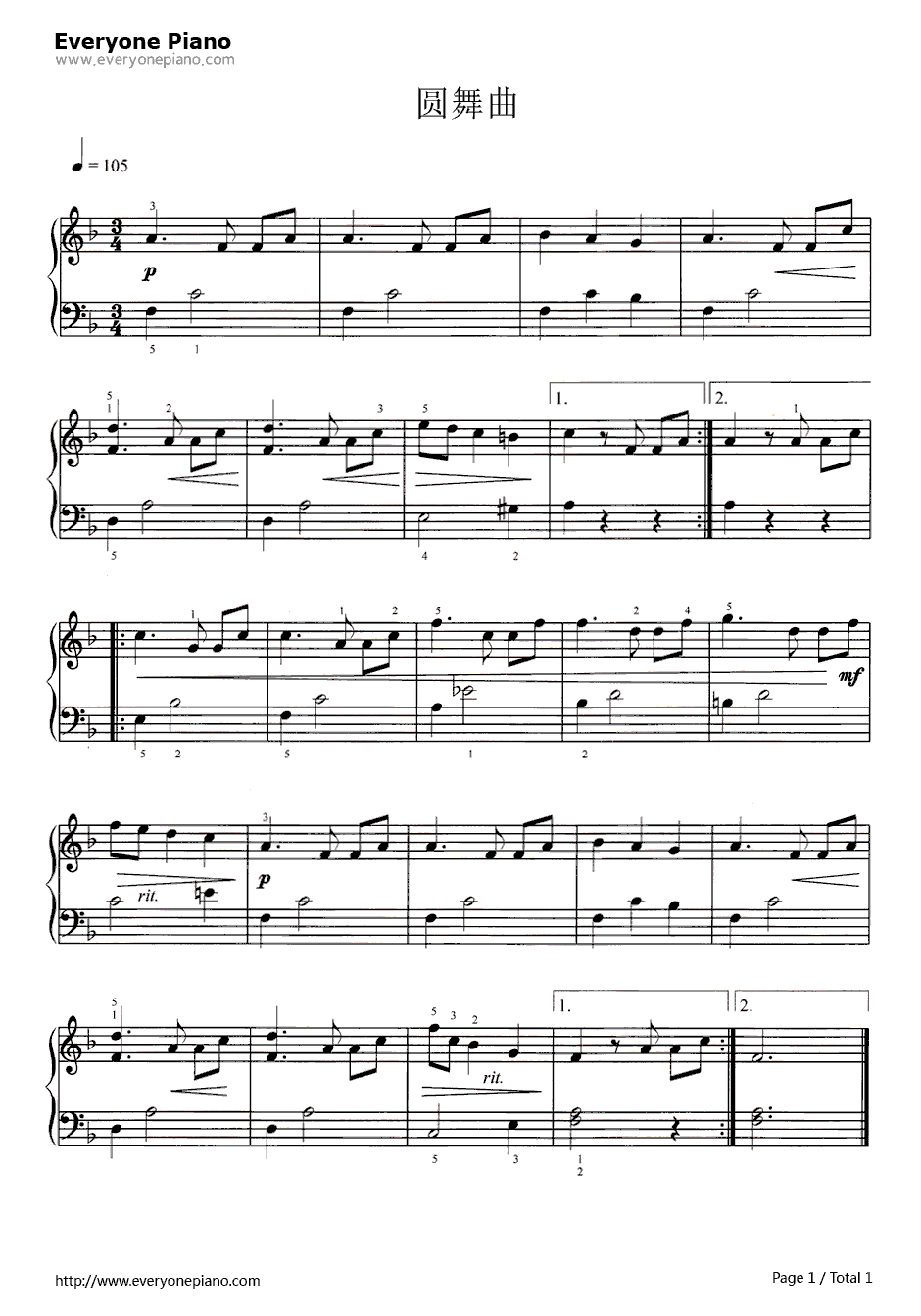 圆舞曲钢琴谱-J.勃拉姆斯1