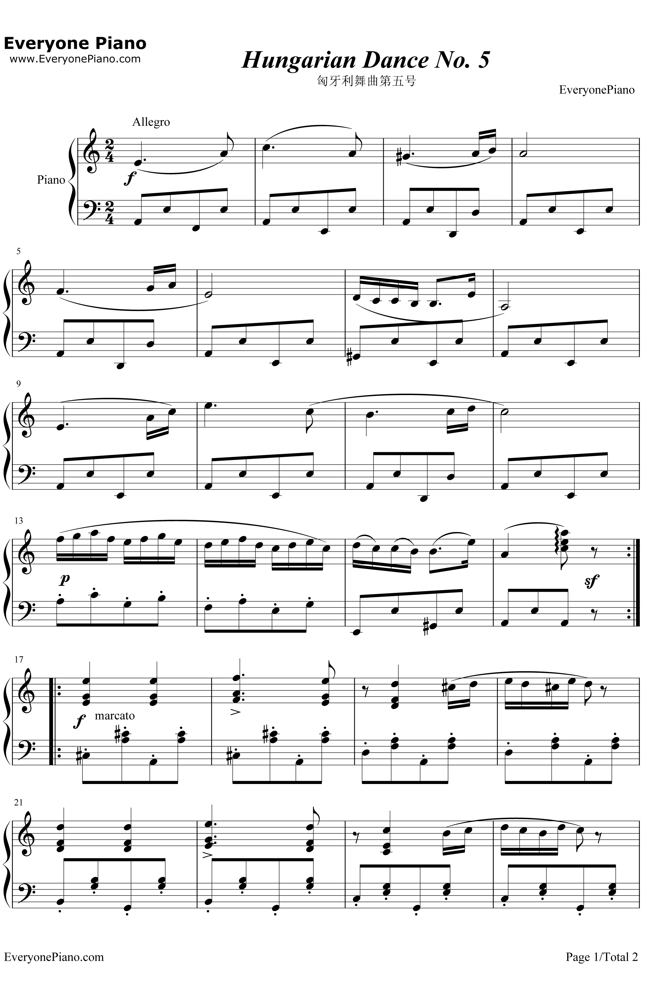 匈牙利舞曲第五号钢琴谱-约翰内斯•勃拉姆斯（JohannesBrahms）-JohannesBrahms1