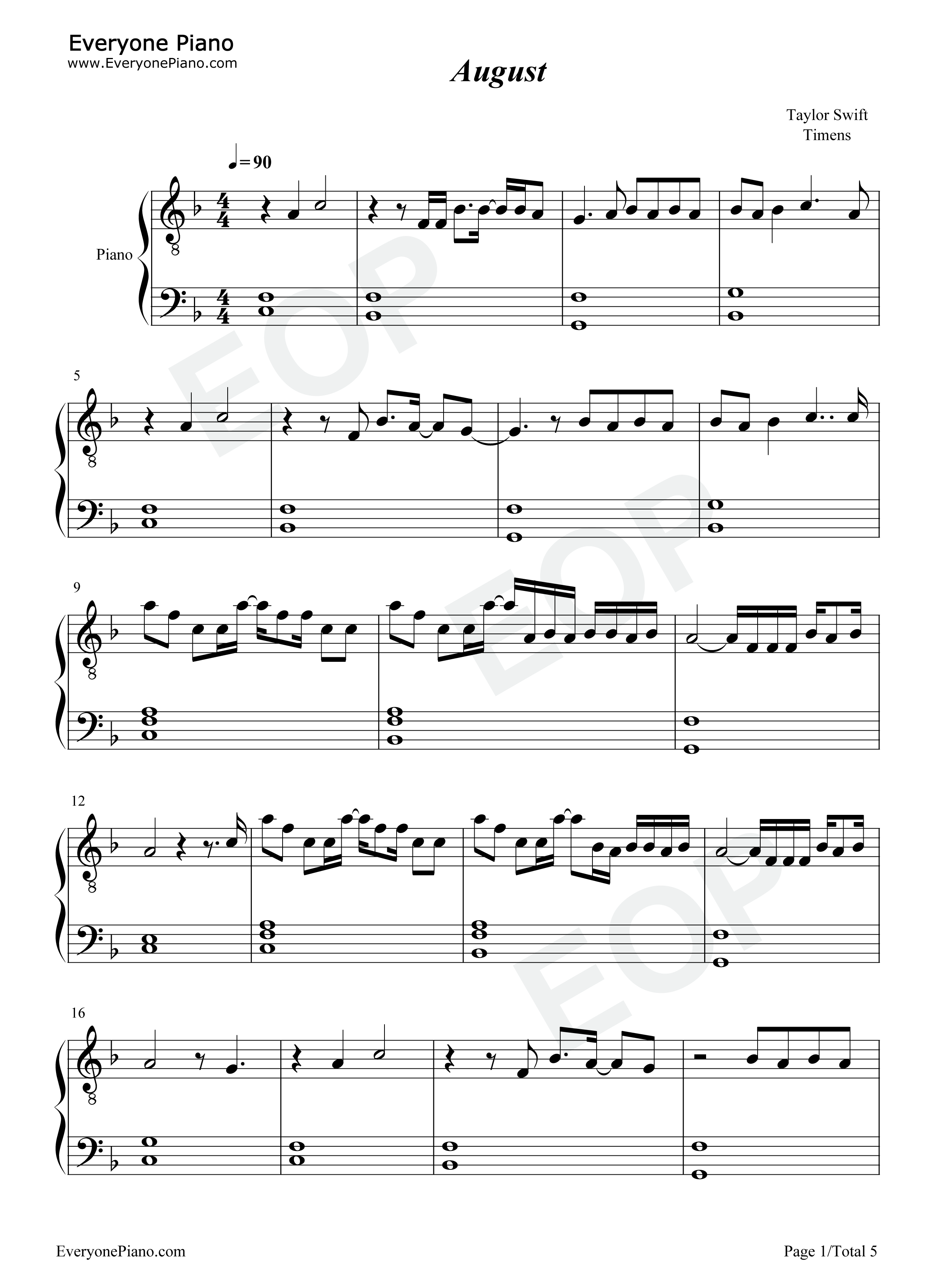 August钢琴谱-Taylor Swift1
