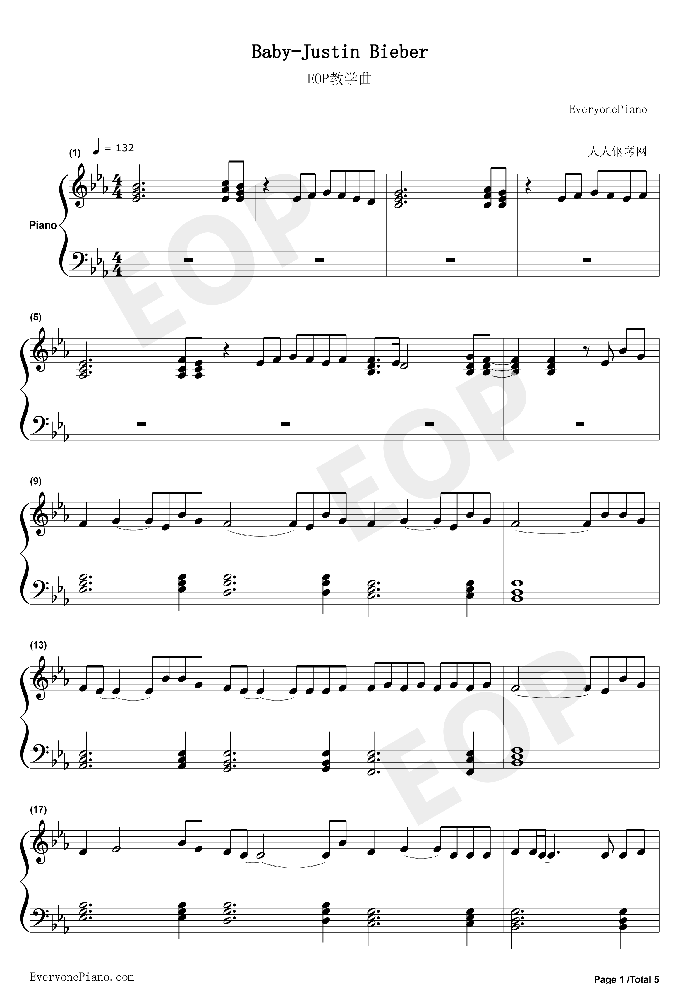 Baby（贾斯汀·比伯）钢琴谱-Justin Bieber贾斯汀·比伯1