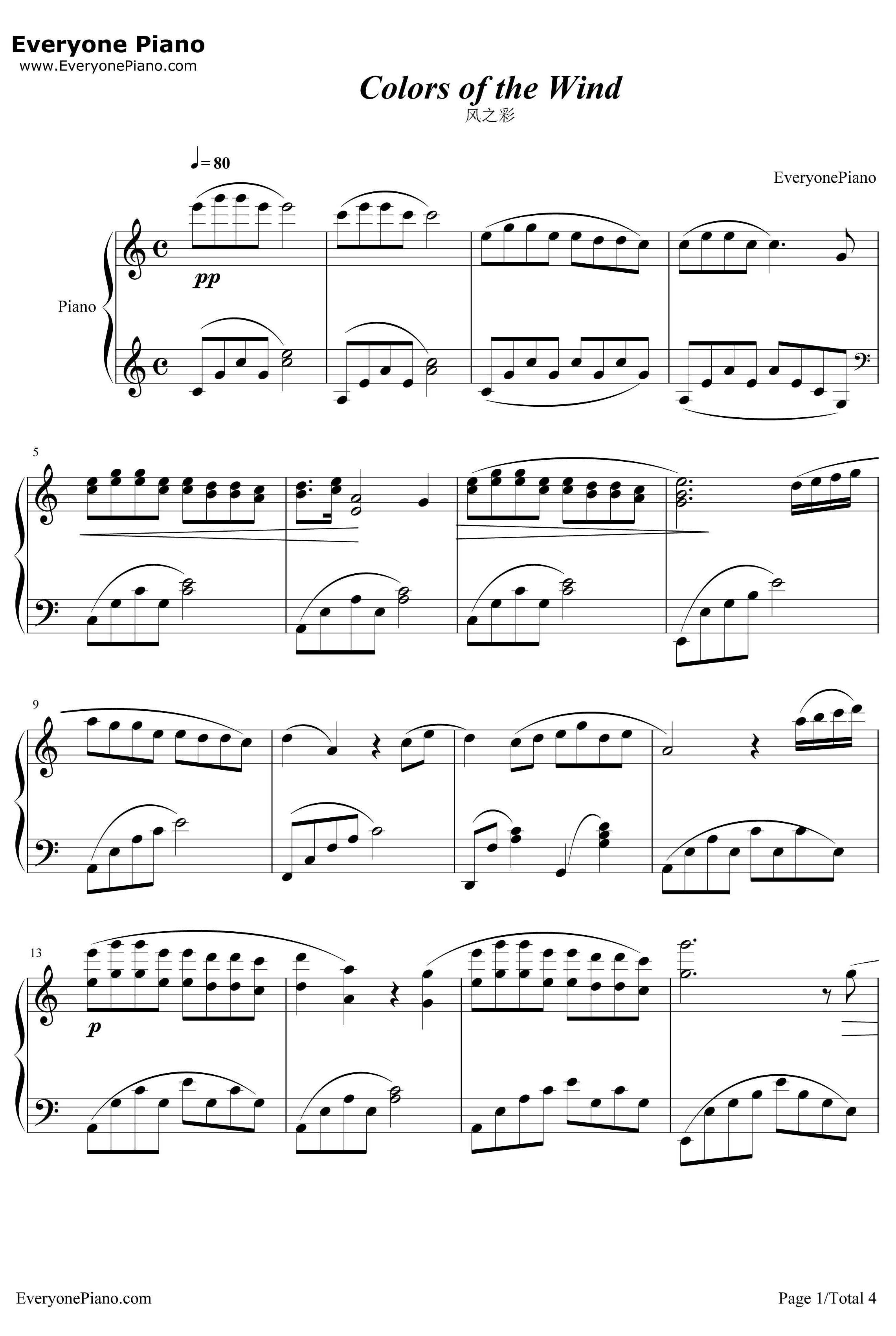Colors of the Wind钢琴谱-VanessaWilliams　凡妮莎·威廉斯-风中奇缘主题曲1