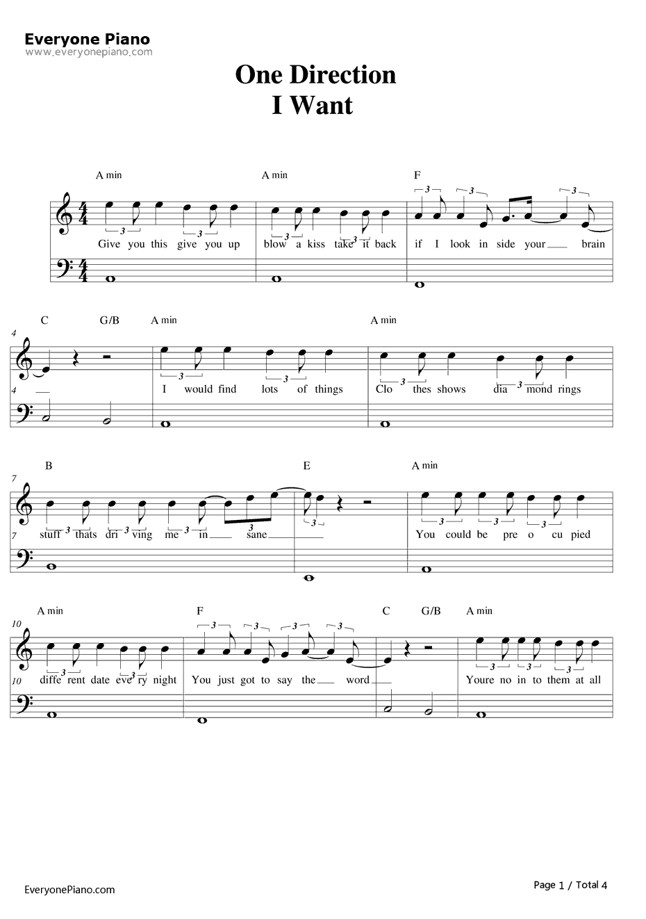 IWant钢琴谱-OneDirection1