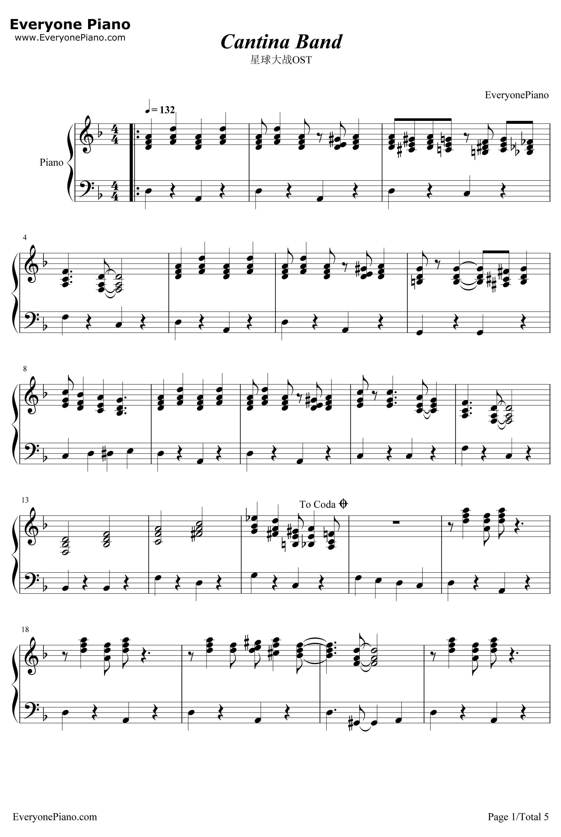 Cantina Band钢琴谱-JohnWilliams　-星球大战OST1