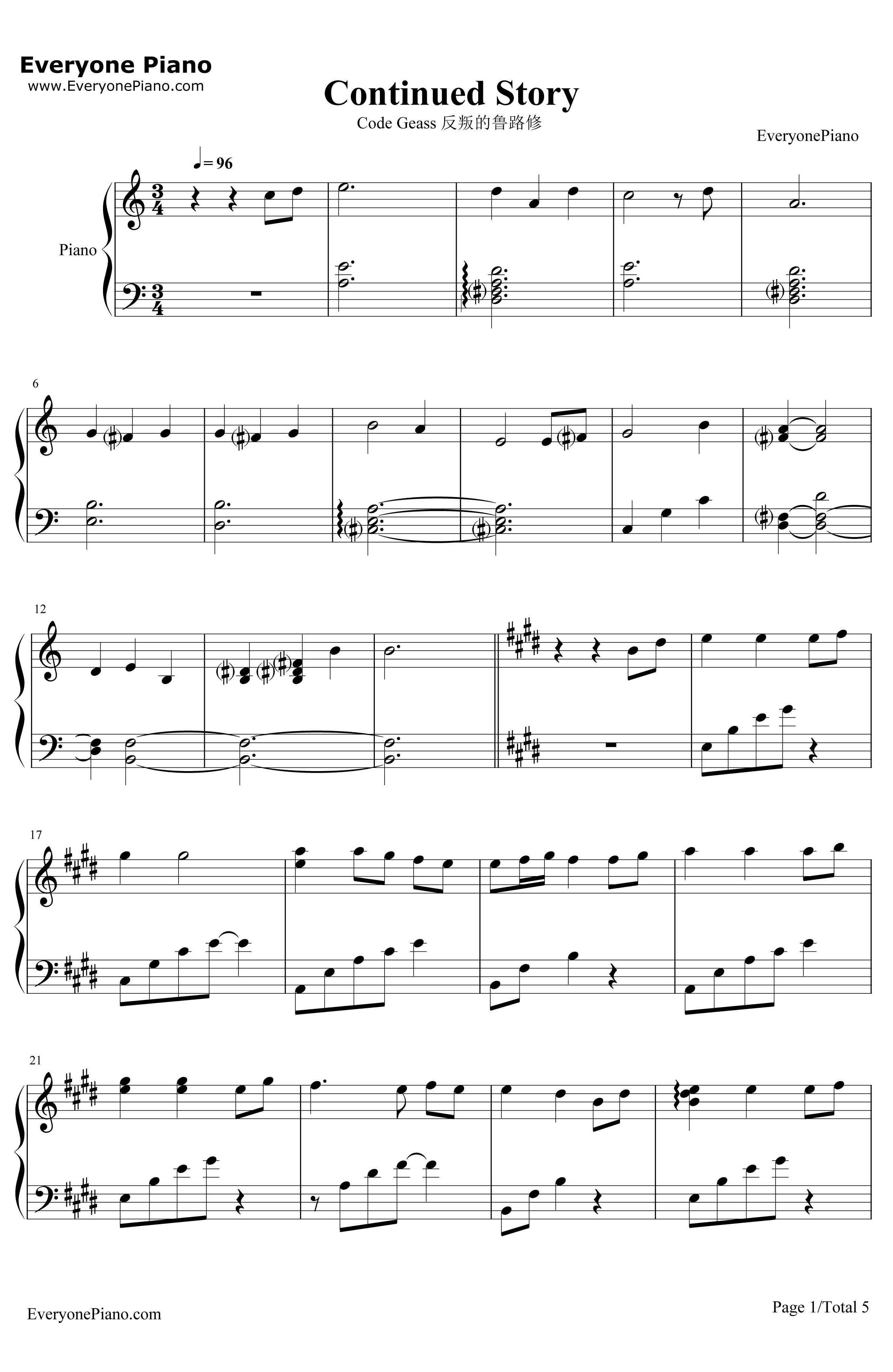 Continued Story钢琴谱-Hitomi(黒石ひとみ)-CodeGeass反叛的鲁路修R2插曲1
