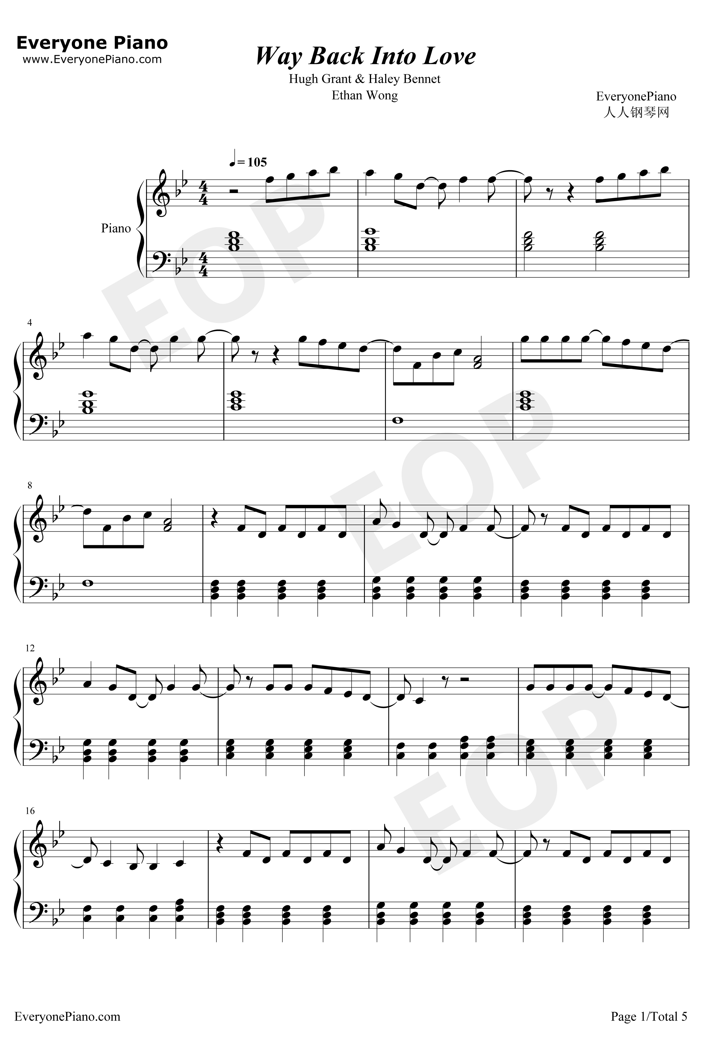Way Back Into Love钢琴谱-Haley Bennett Hugh Grant-电影K歌情人插曲1