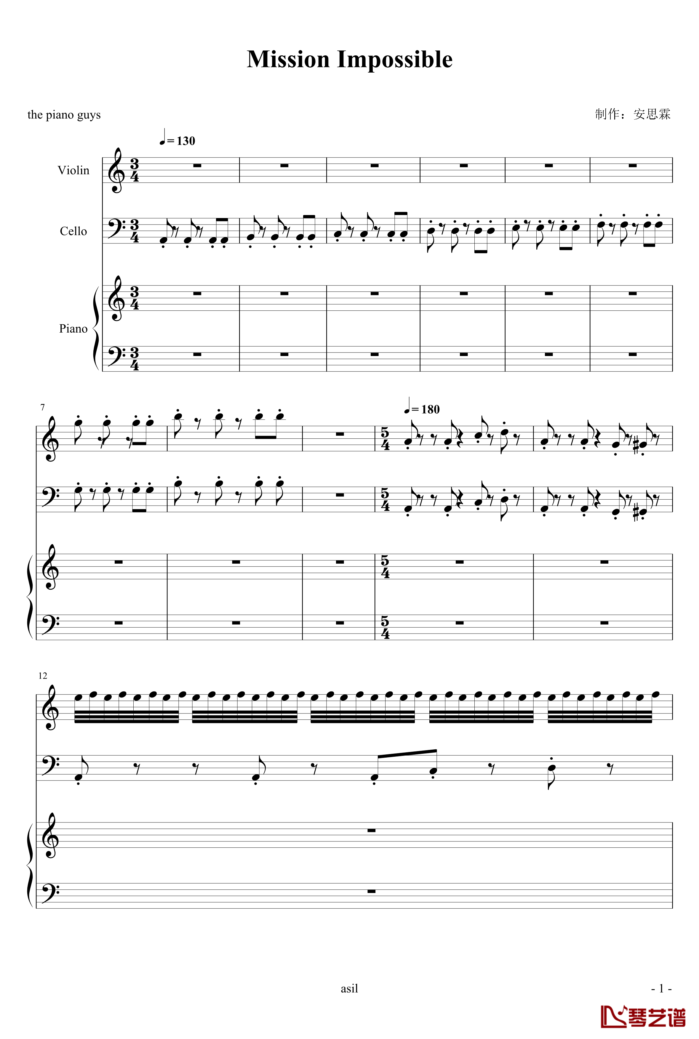 谍中谍钢琴谱-小提琴大提琴钢琴-the Piano Guys1