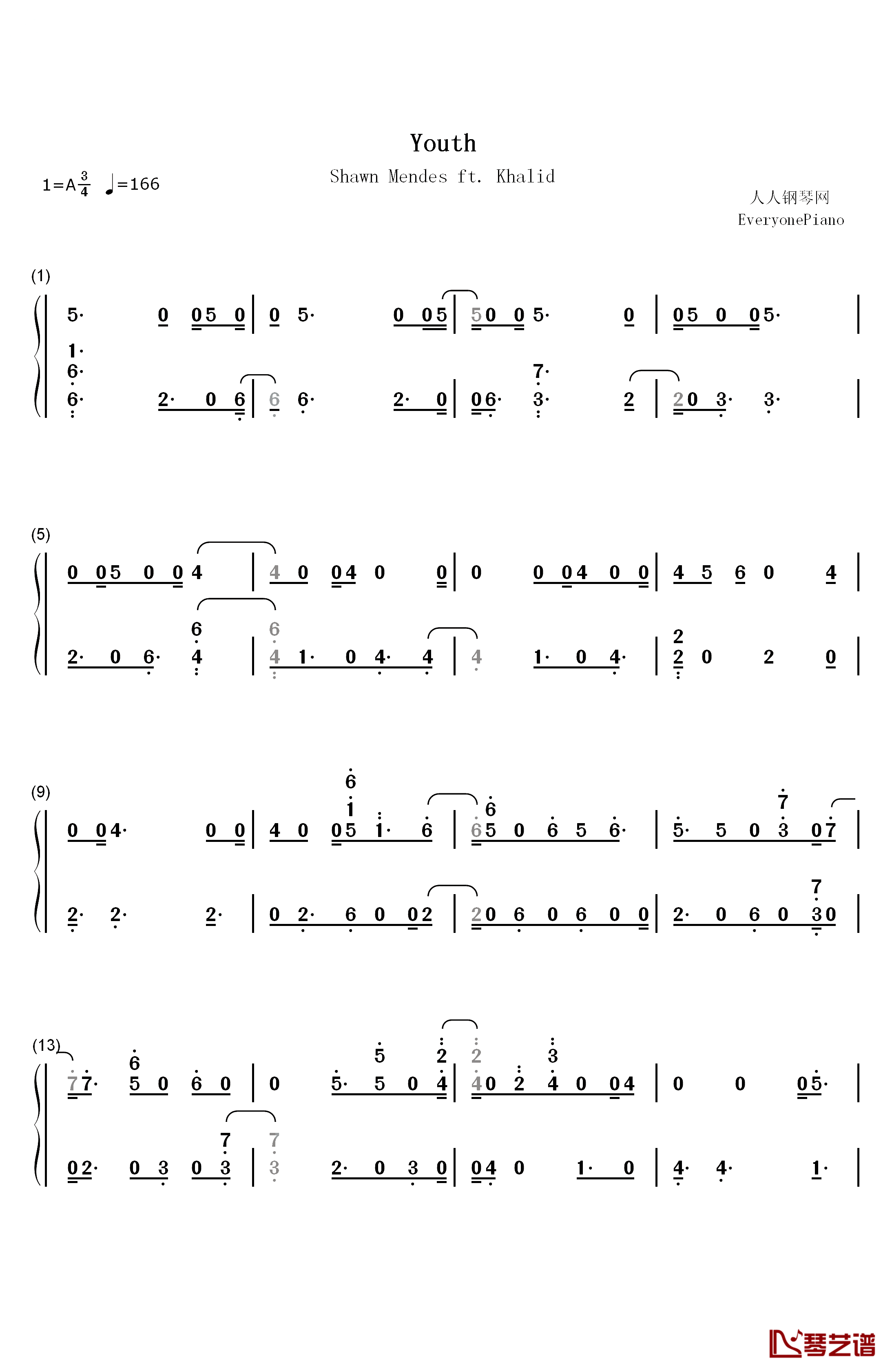Youth钢琴简谱-数字双手-Shawn Mendes Khalid1