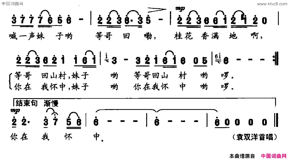 喊一声妹子等哥回男高音独唱简谱-袁双洋演唱-颜娃沙/陈经荣词曲1