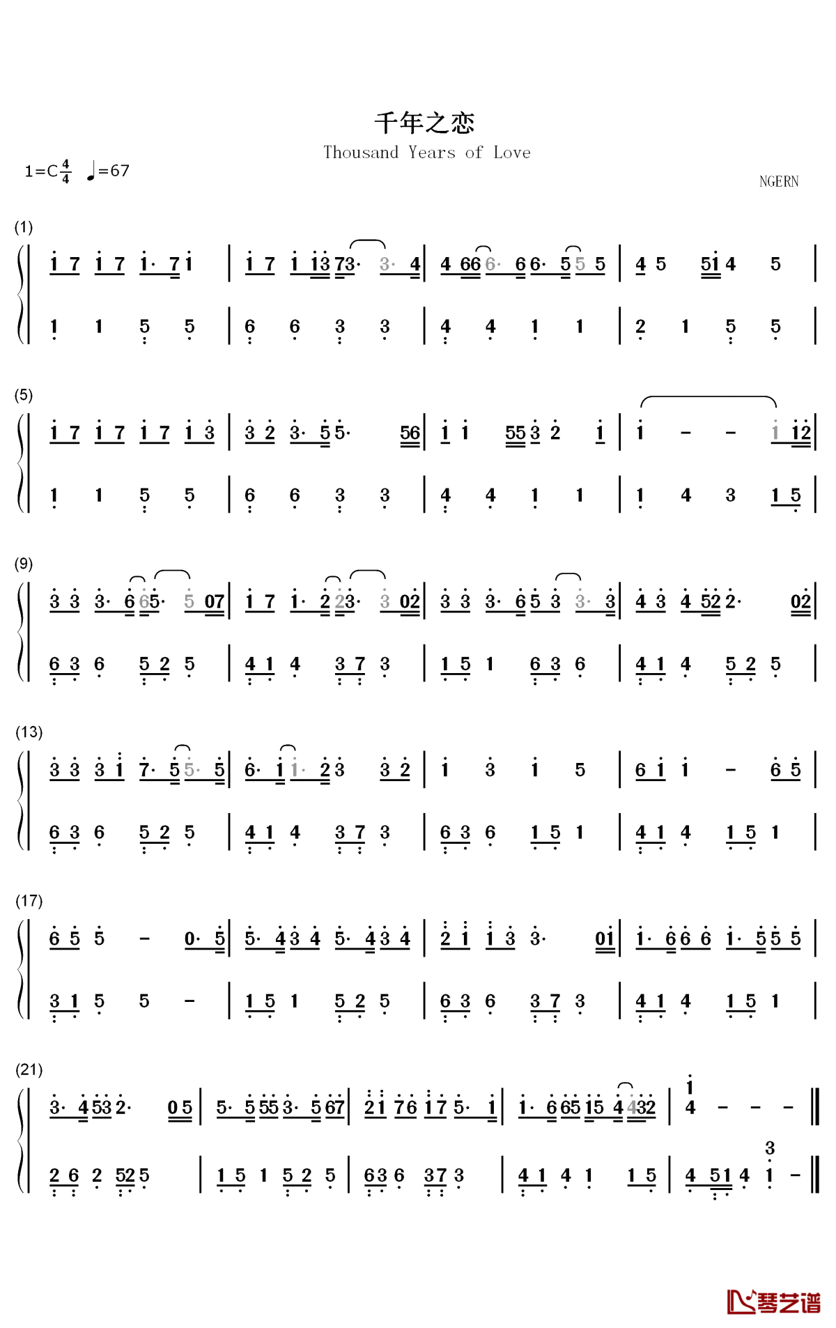 千年之恋钢琴简谱-数字双手-双笙1