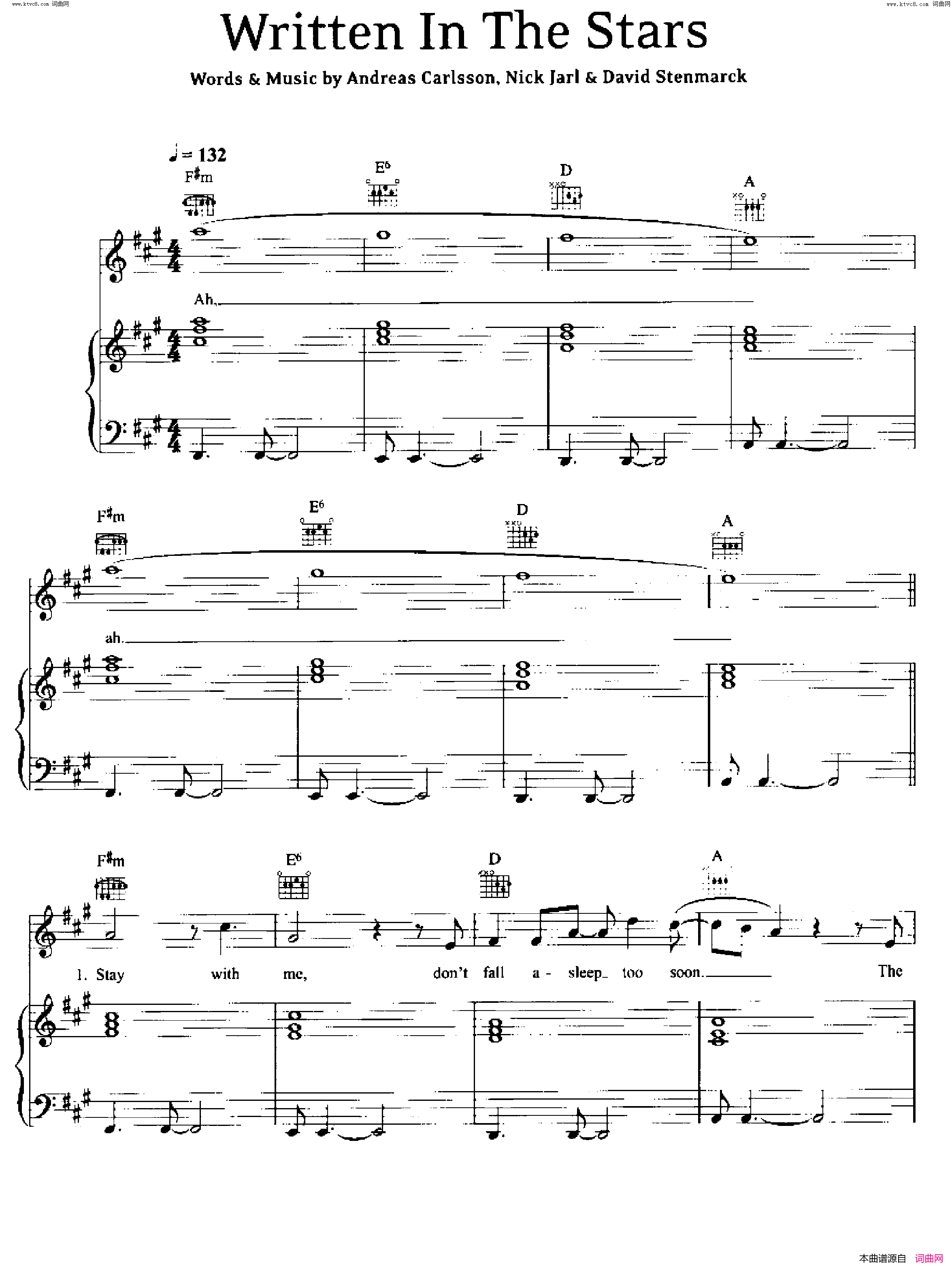 Written In The Stars歌曲 人声吉他钢琴谱简谱1
