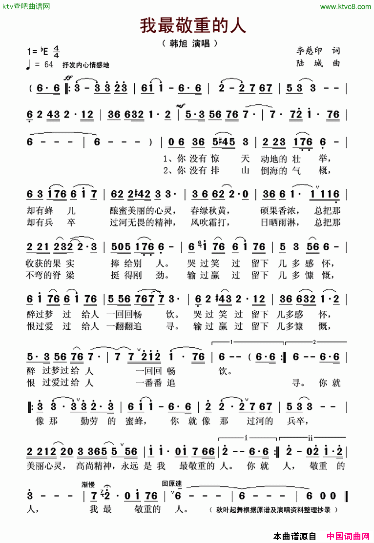 我最敬重的人简谱1