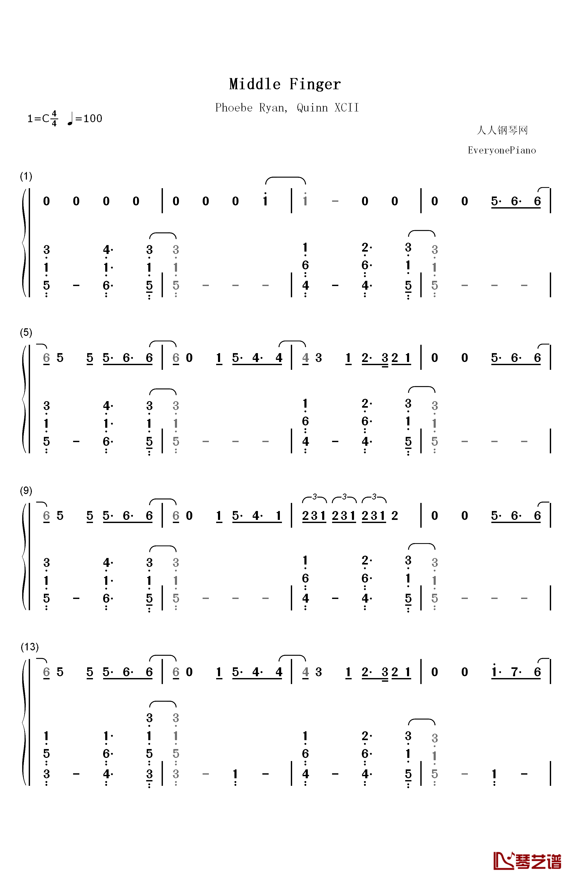 Middle Finger钢琴简谱-数字双手-Phoebe Ryan Quinn XCII1