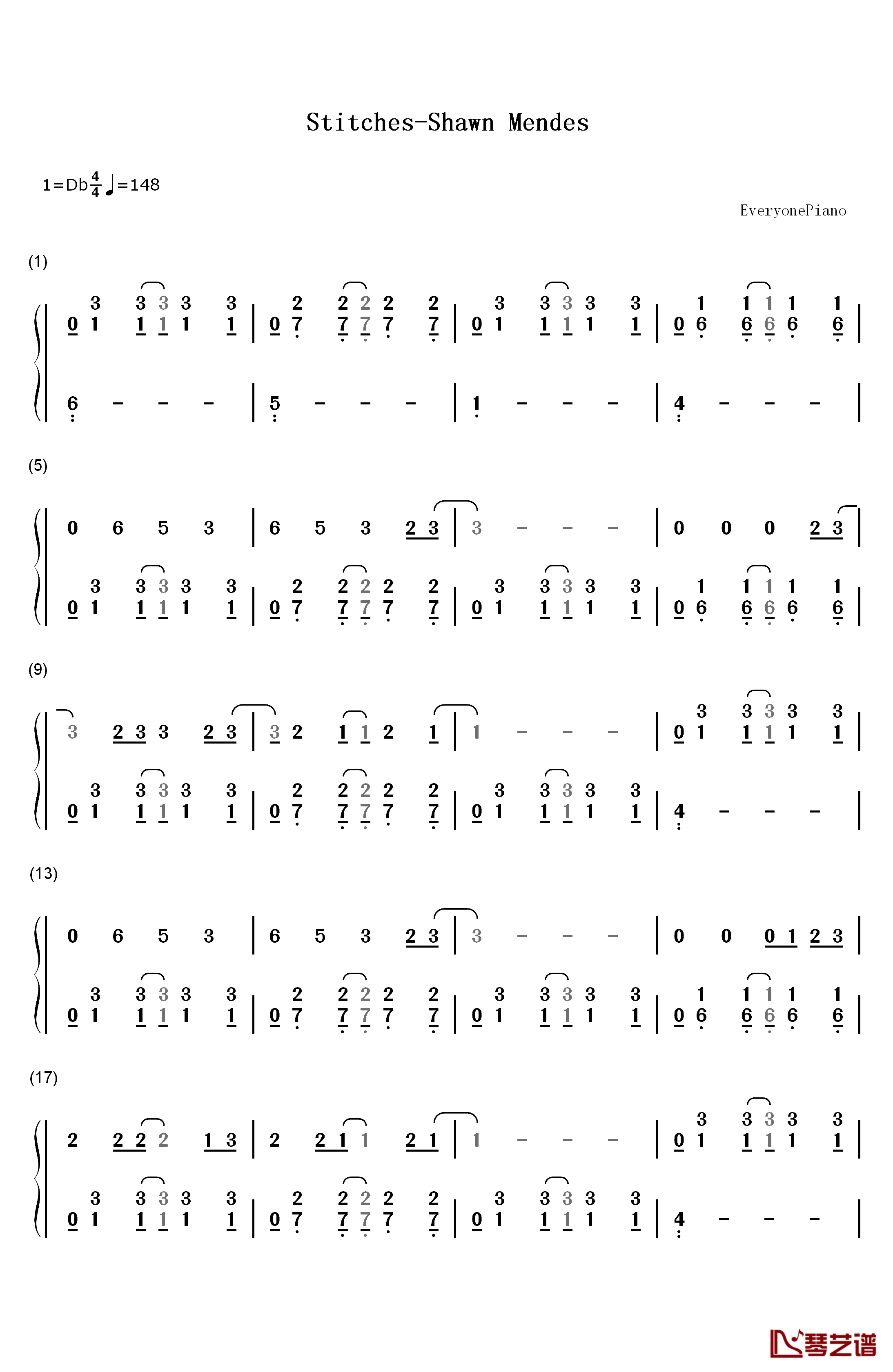 Stitches钢琴简谱-数字双手-Shawn Mendes1