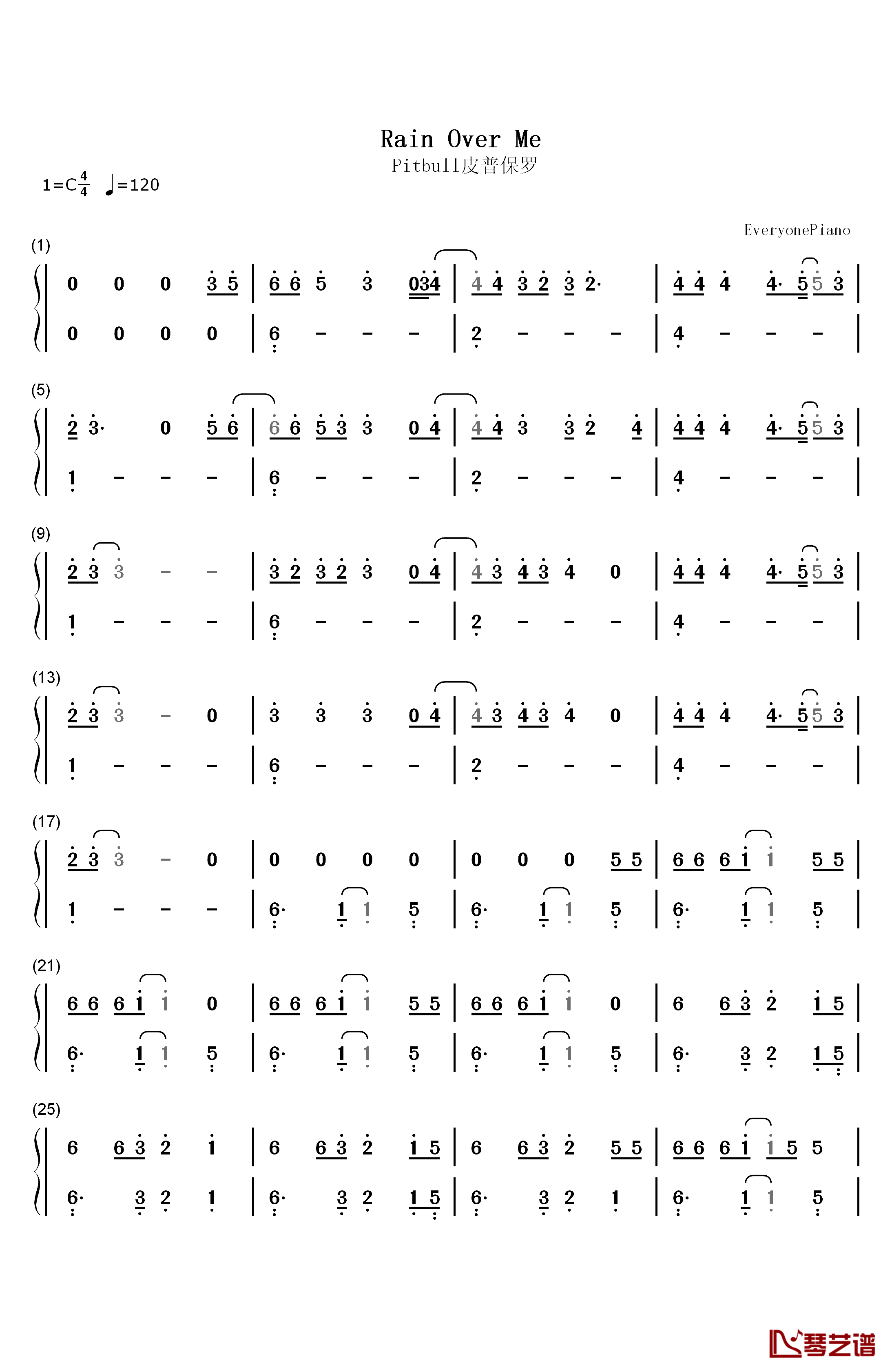 Rain Over Me钢琴简谱-数字双手-Pitbull1