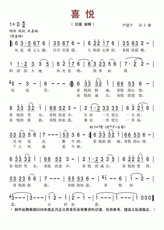 喜悦2008央视正月正元宵音乐会歌曲简谱-吕薇演唱1