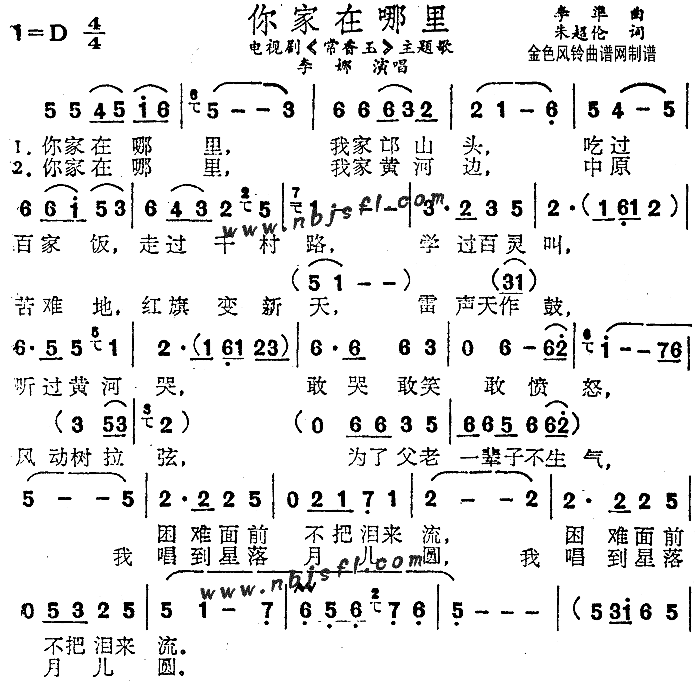 你家在哪里《常香玉》主题歌简谱-李娜演唱1