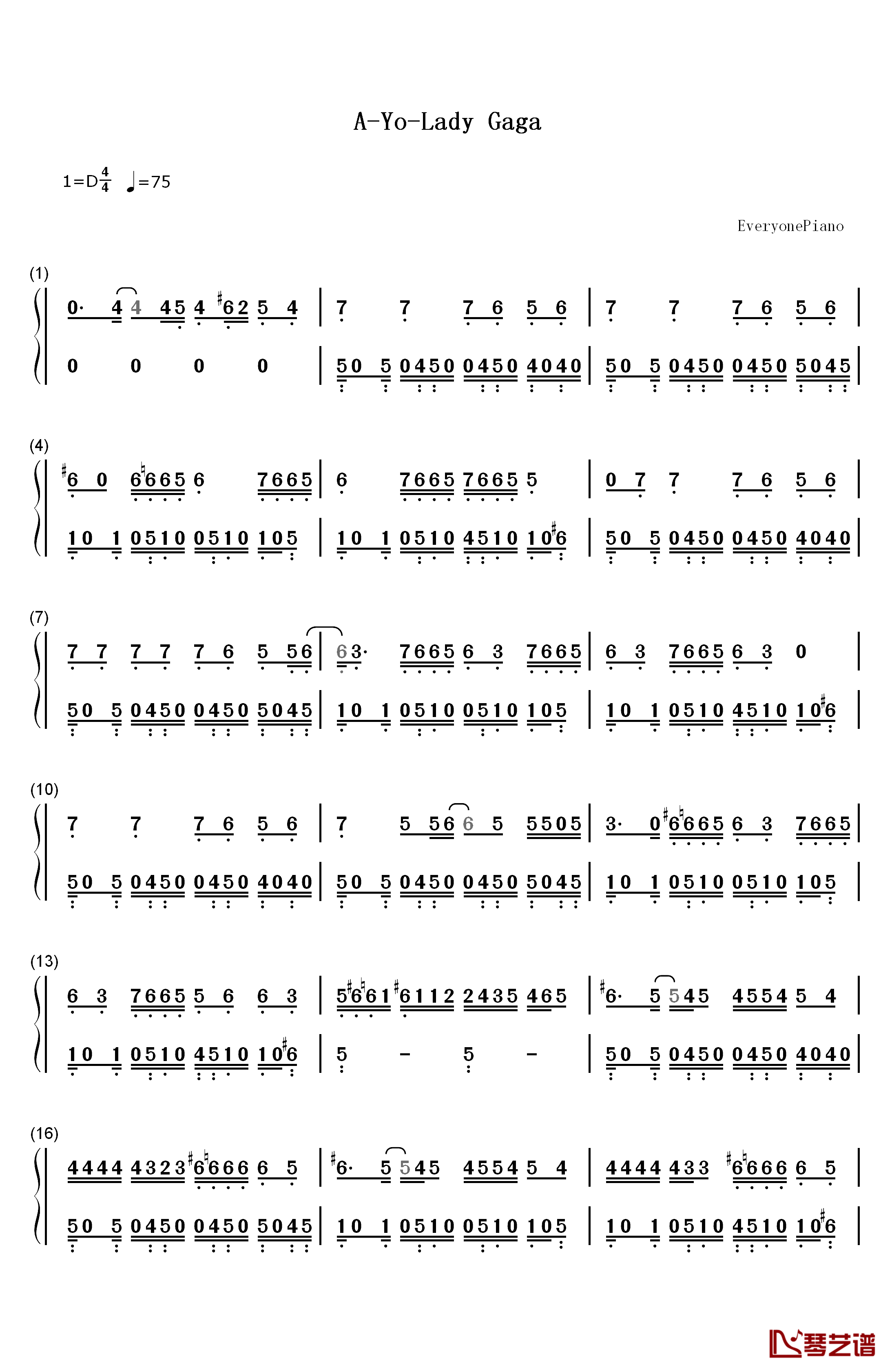 A钢琴简谱-数字双手-Lady Gaga1