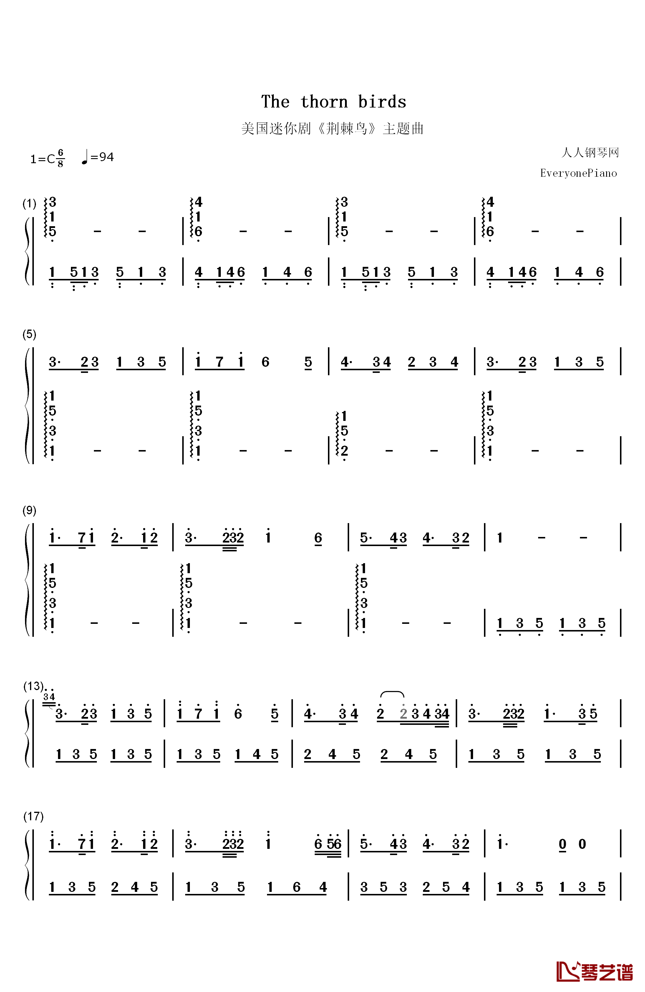 荆棘鸟主题曲钢琴简谱-数字双手-Henry Mancini1