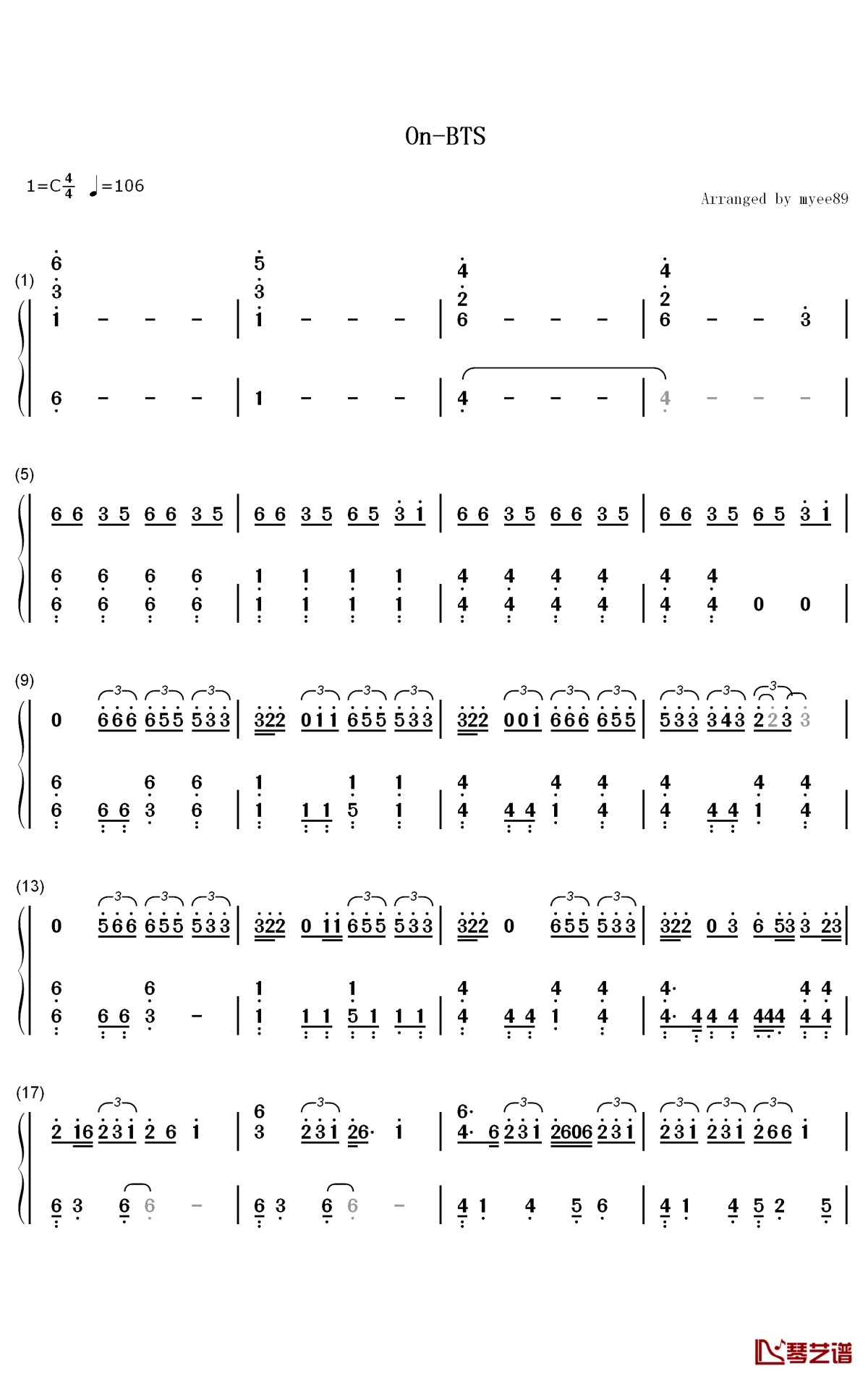 ON简谱-防弹少年团歌曲-数字双手曲谱1