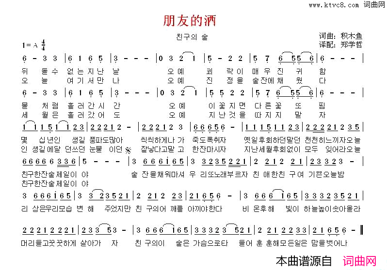 朋友的酒韩文版朋友的酒     韩文版简谱1