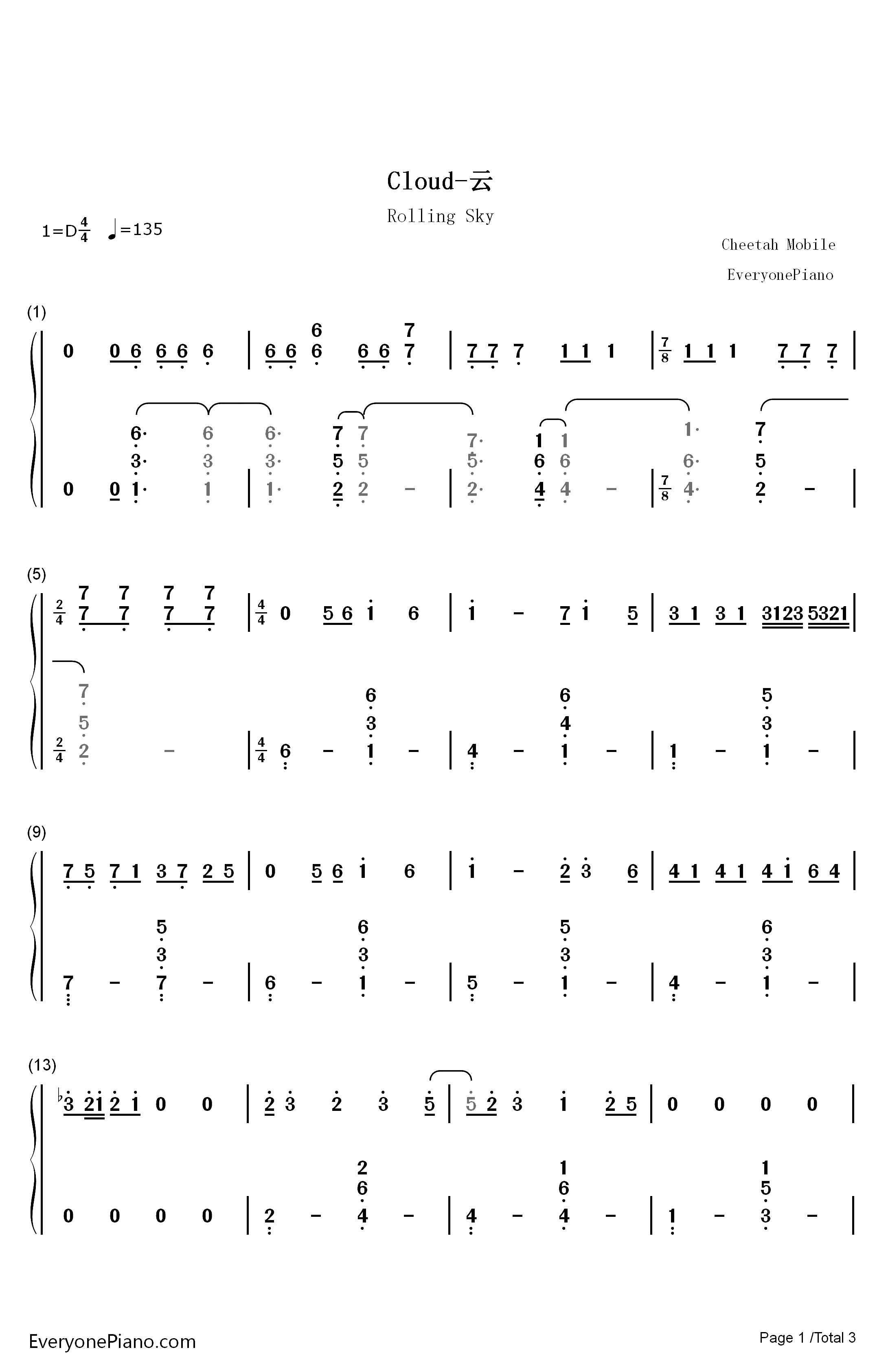 Cloud钢琴简谱-数字双手-Cheetah Mobile1