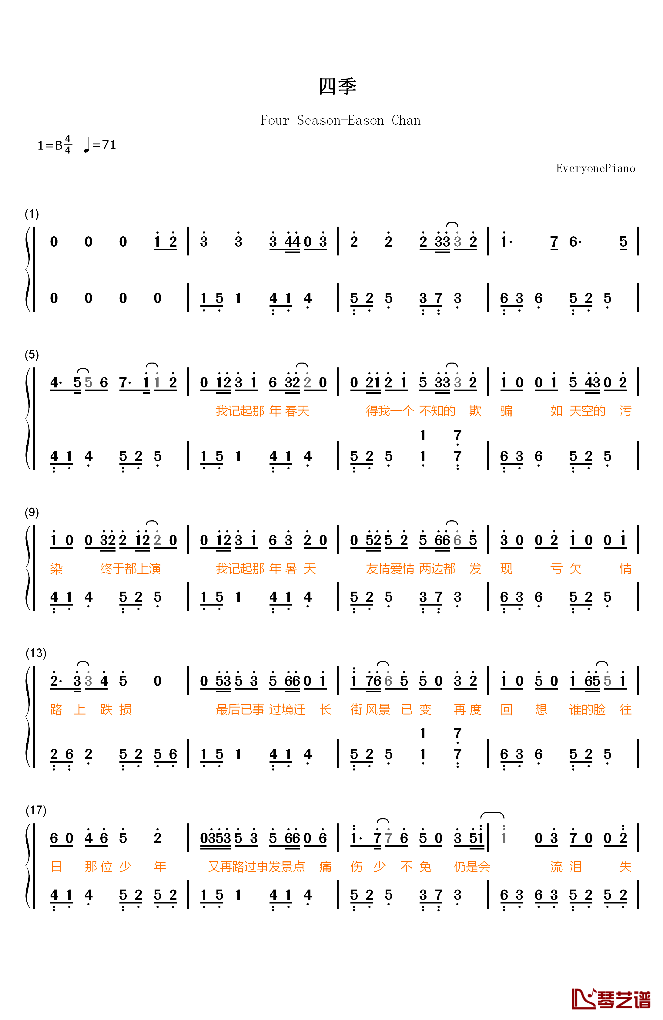 四季钢琴简谱-数字双手-陈奕迅1