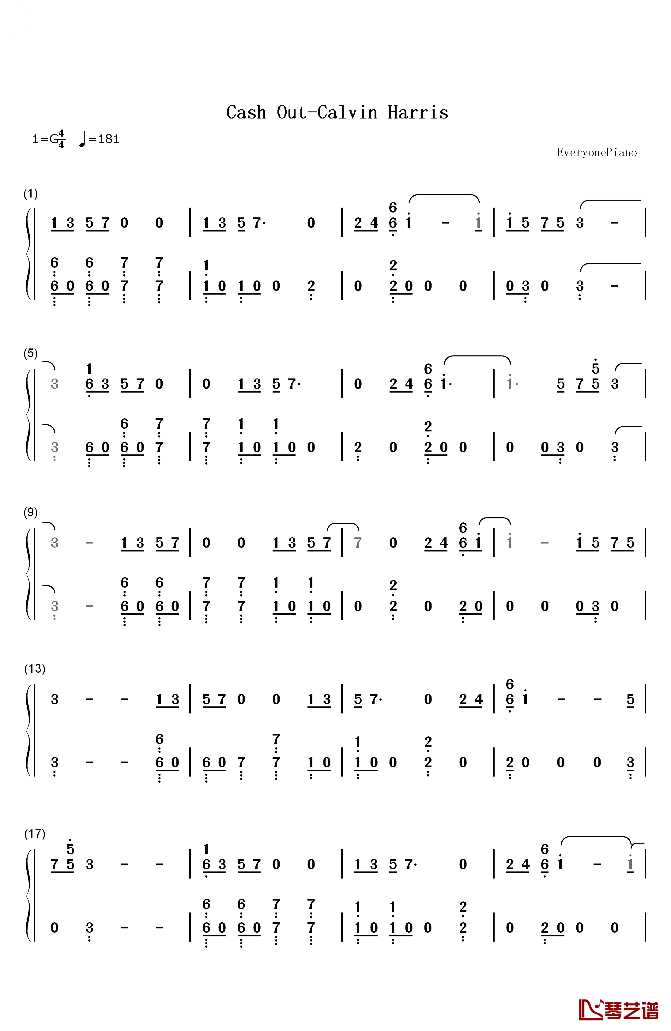 Cash Out钢琴简谱-数字双手-Calvin Harris1