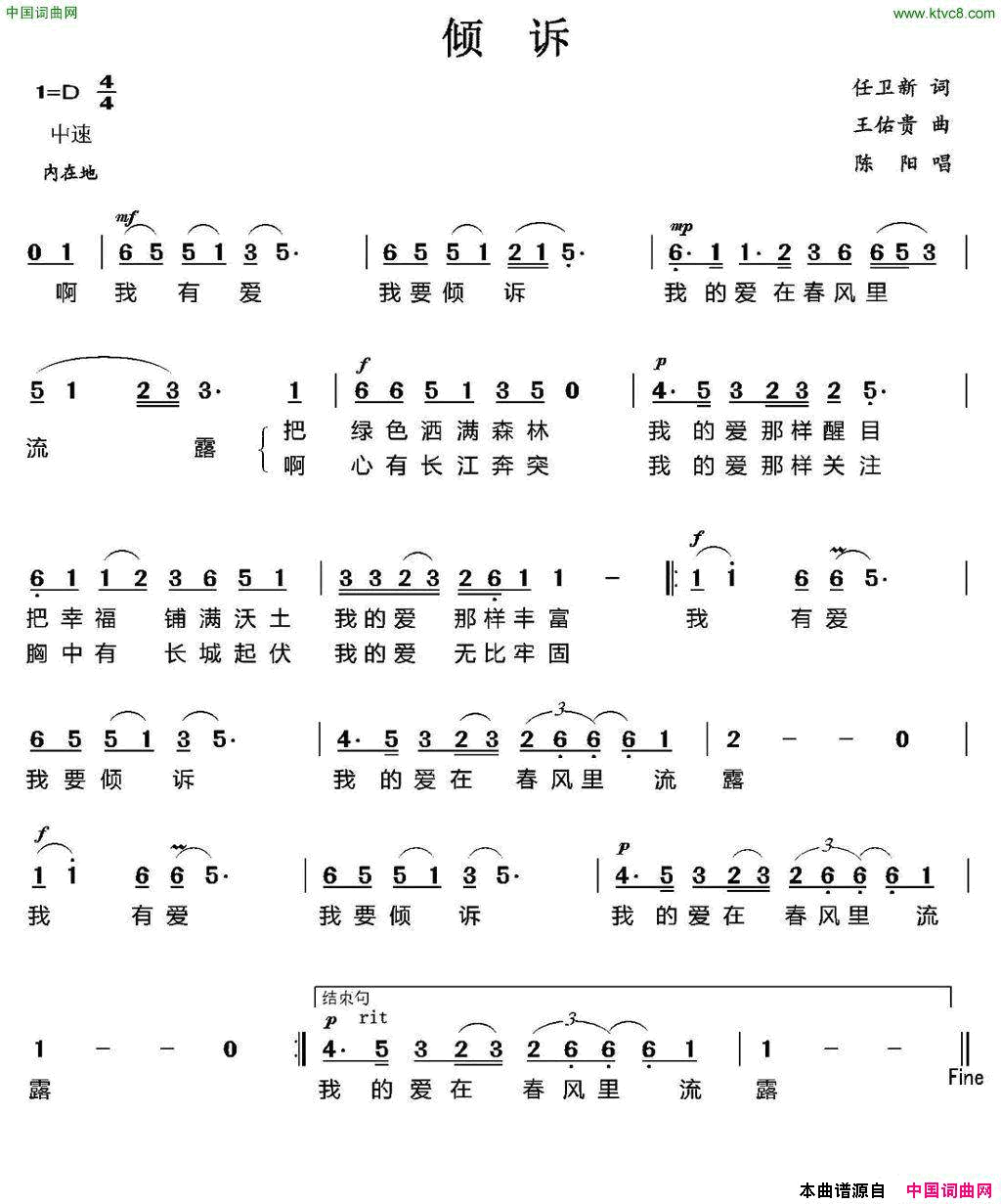 倾诉简谱-陈阳演唱-任卫新/王佑贵词曲1