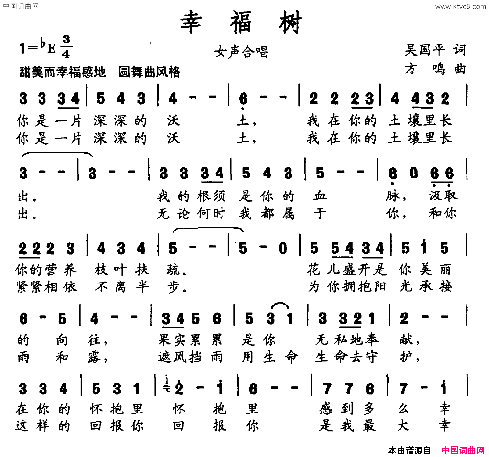 幸福树女声合唱简谱-前线文工团女声合唱队演唱-吴国平/方鸣词曲1