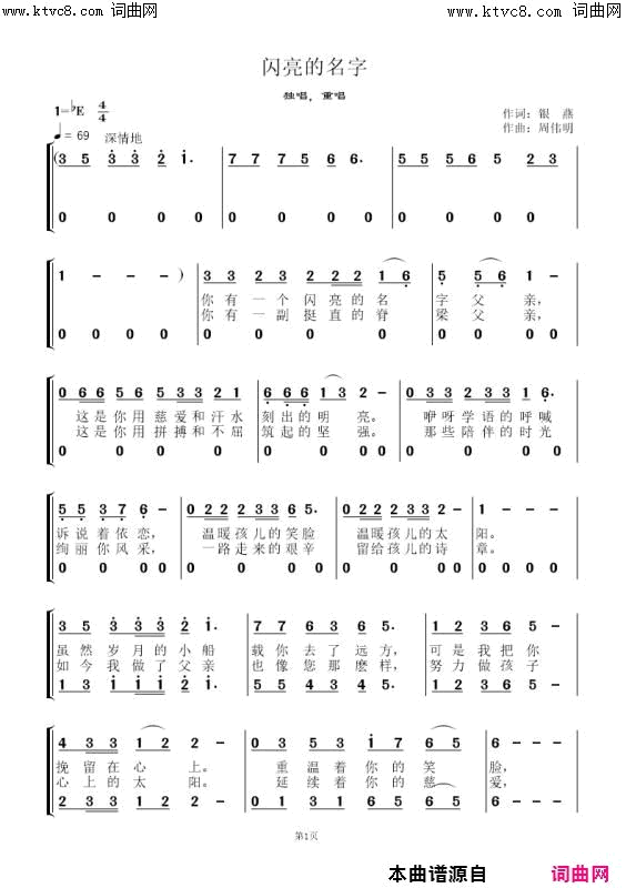 闪亮的名字简谱-江边渔翁演唱-银燕/周伟明词曲1