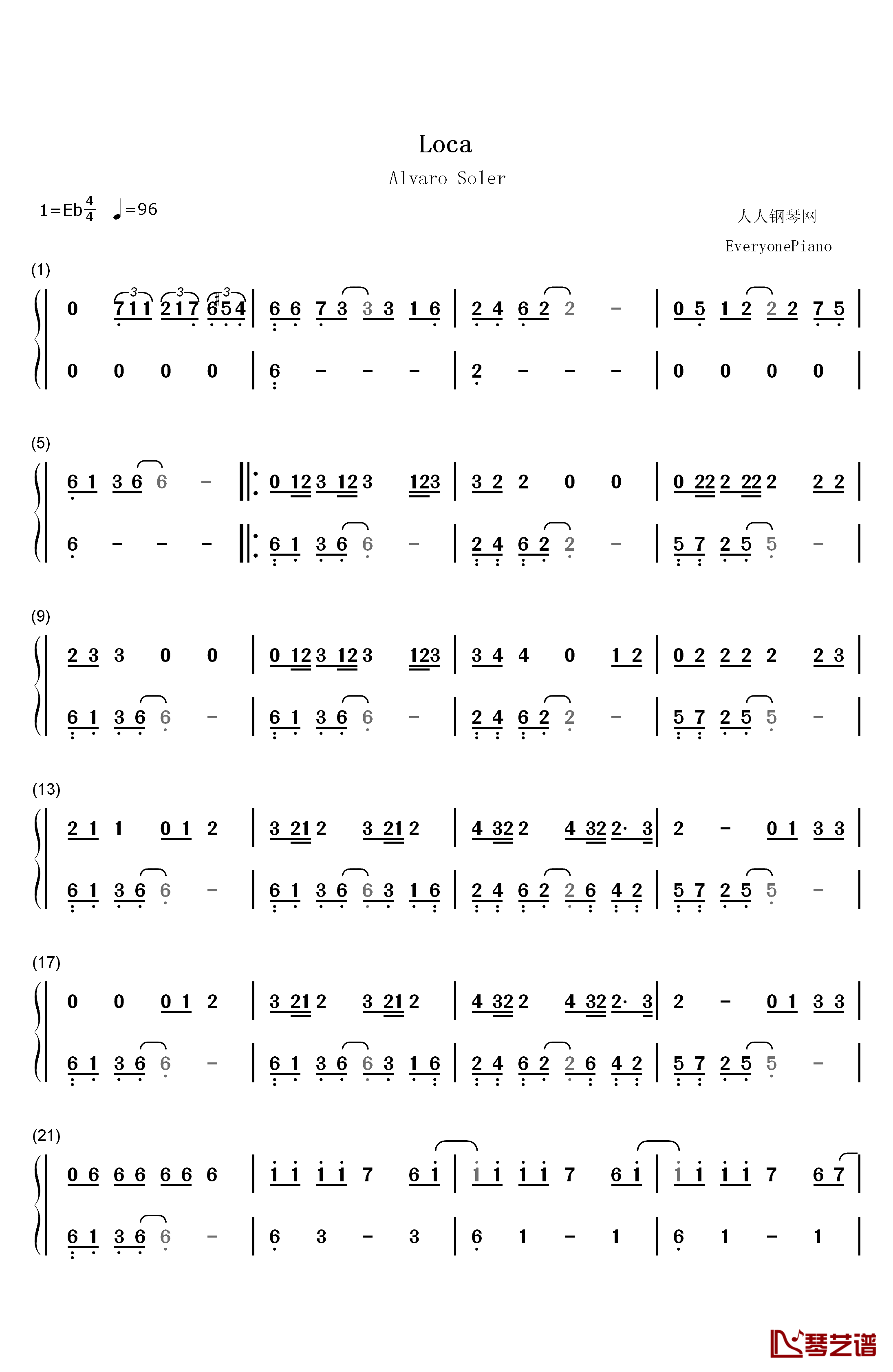 Loca钢琴简谱-数字双手-Alvaro Soler1