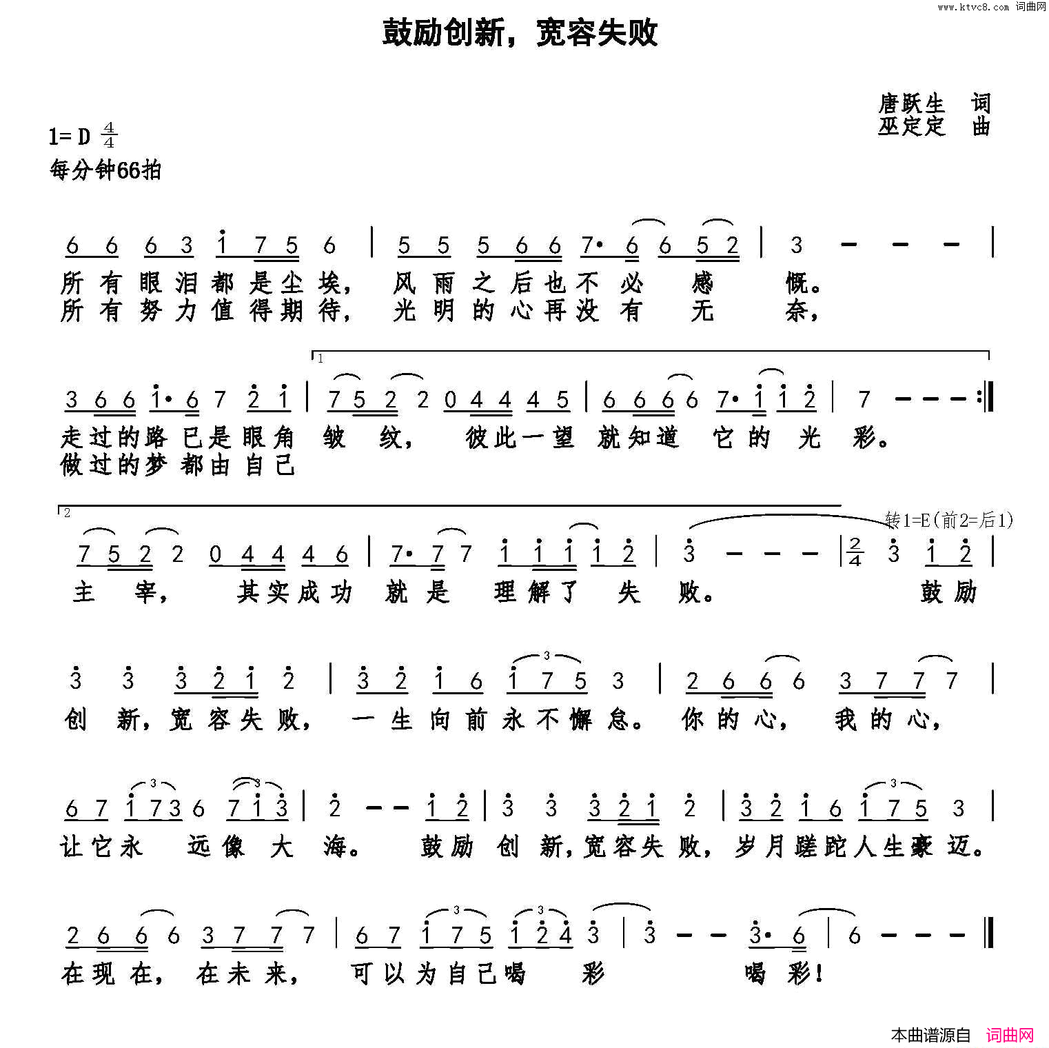 鼓励创新，宽容失败简谱-鲁士郎演唱-唐跃生/巫定定词曲1