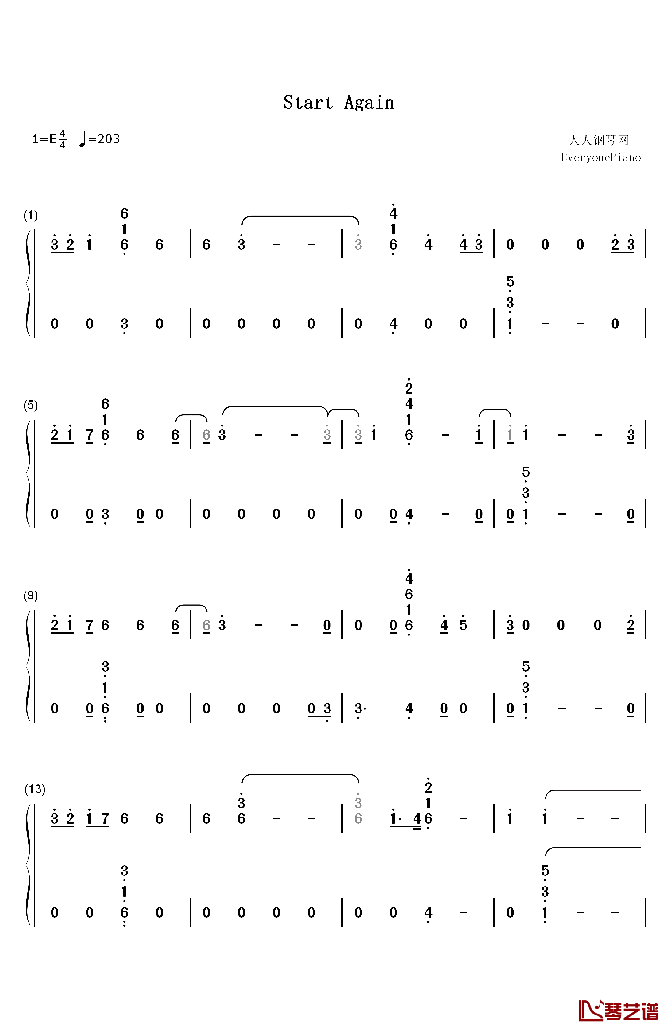 Start Again钢琴简谱-数字双手-OneRepublic Logic1