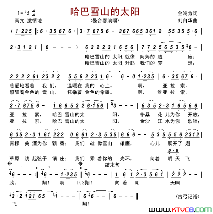 哈巴雪山的太阳简谱-晏合春演唱-金鸿为/刘自华词曲1
