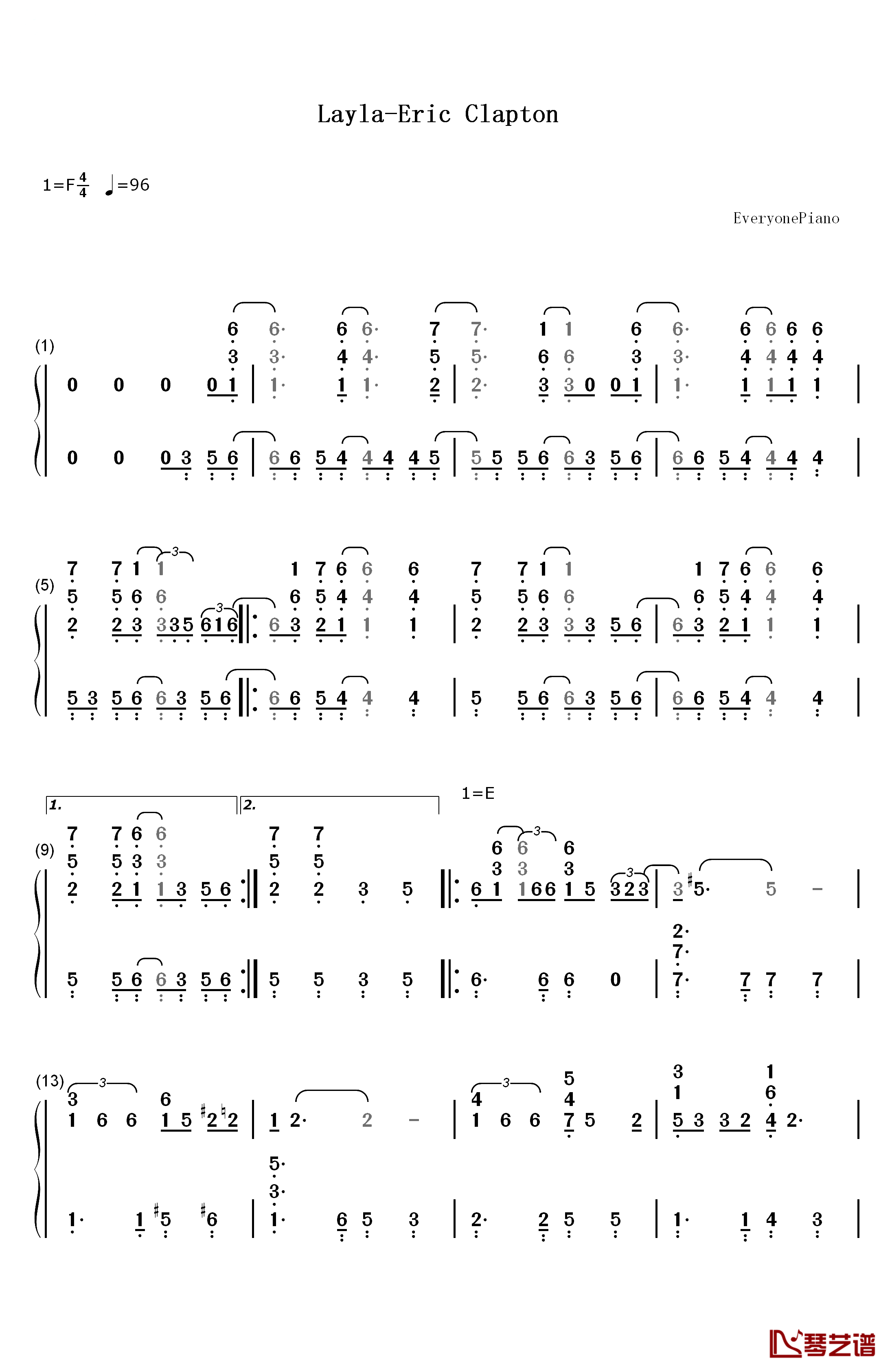 Layla钢琴简谱-数字双手-Eric Clapton1