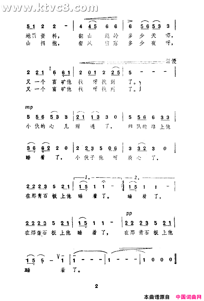 勘探队的小伙睡着了简谱-马国光演唱-晚笛/谷建芬词曲1