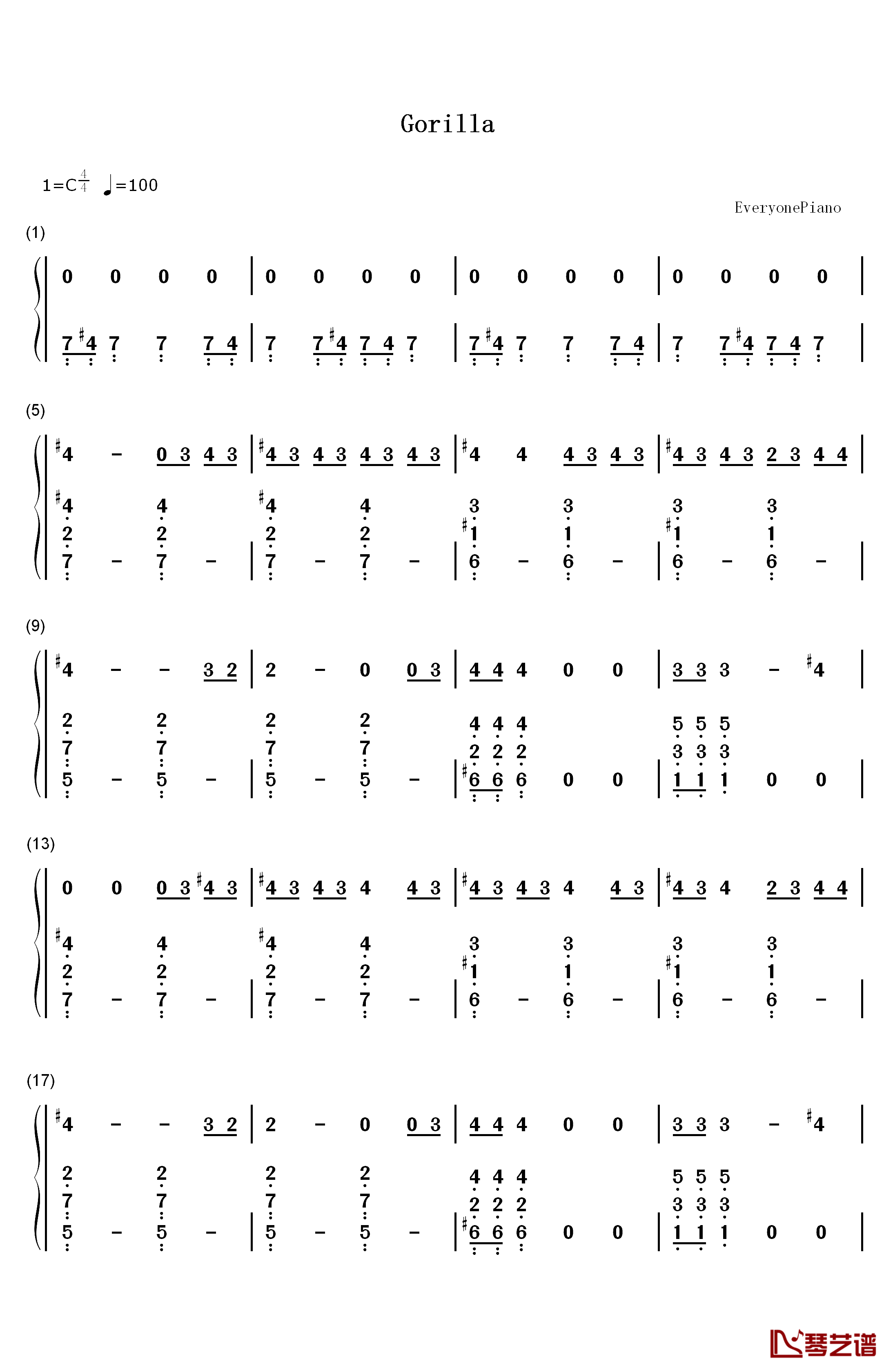 Gorilla钢琴简谱-数字双手-Bruno Mars1