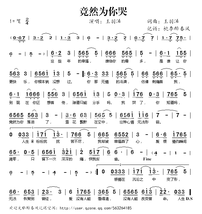 竟然为你哭简谱-王羽泽演唱1