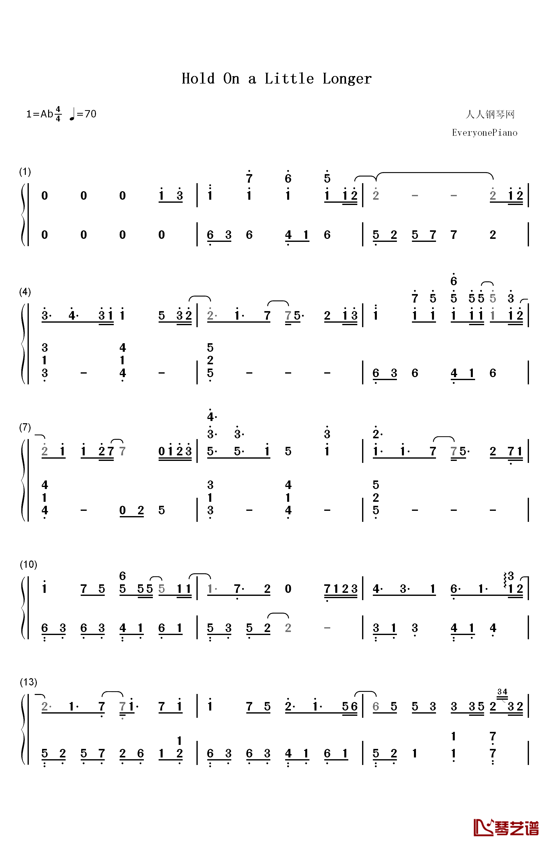 Hold On a Little Longer钢琴简谱-数字双手-Xeuphoria1