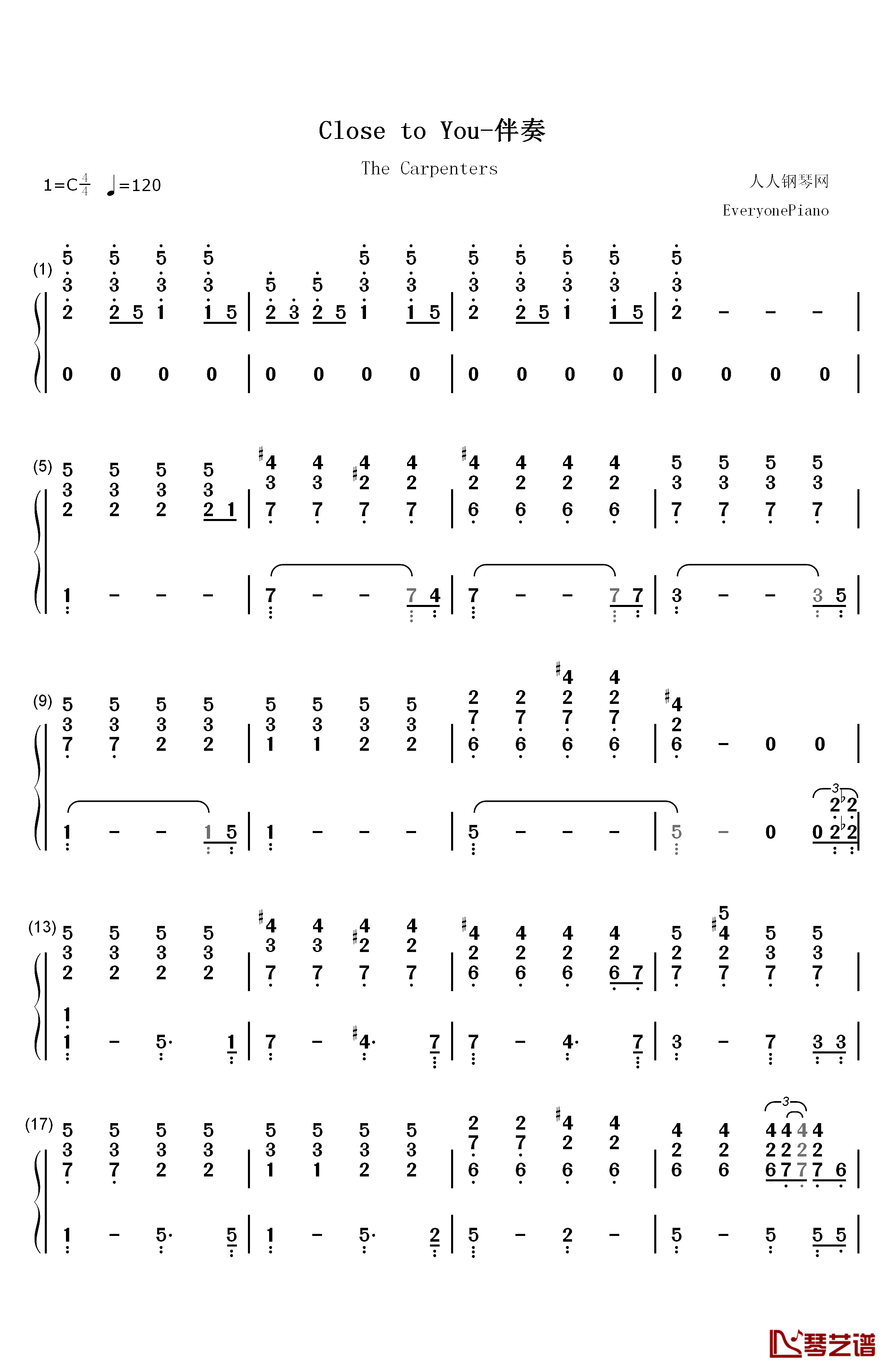 Close to You钢琴伴奏版钢琴简谱-数字双手-卡朋特 The Carpenters1