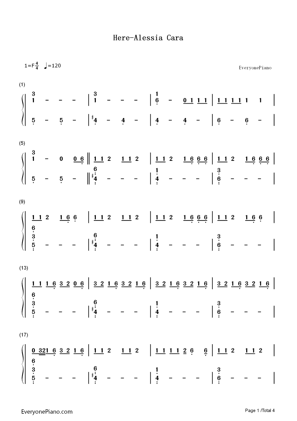 Here钢琴简谱-数字双手-Alessia Cara1