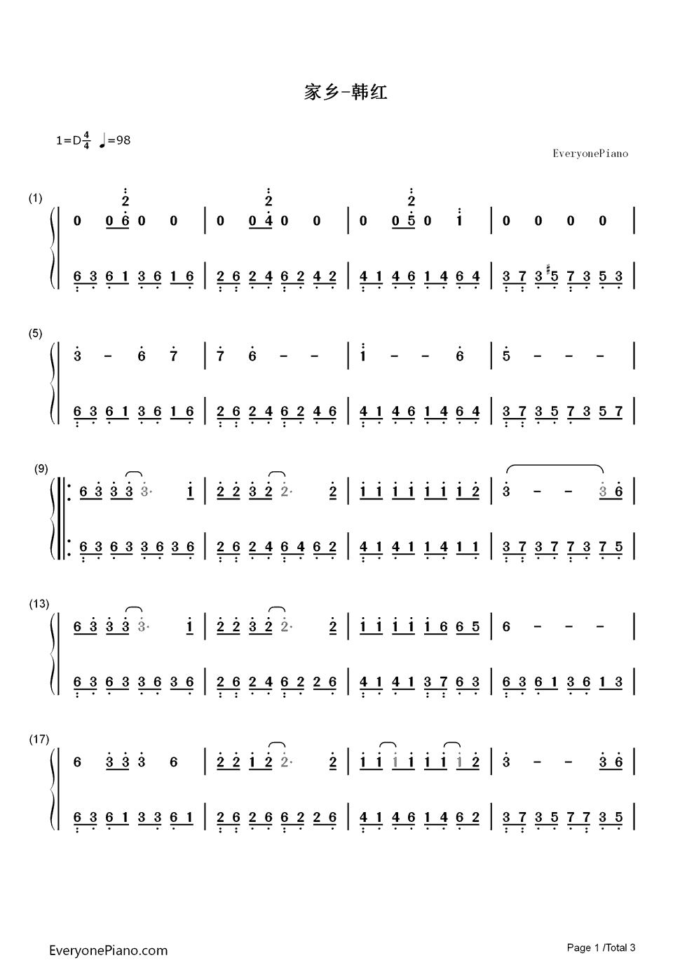 家乡钢琴简谱-数字双手-韩红1