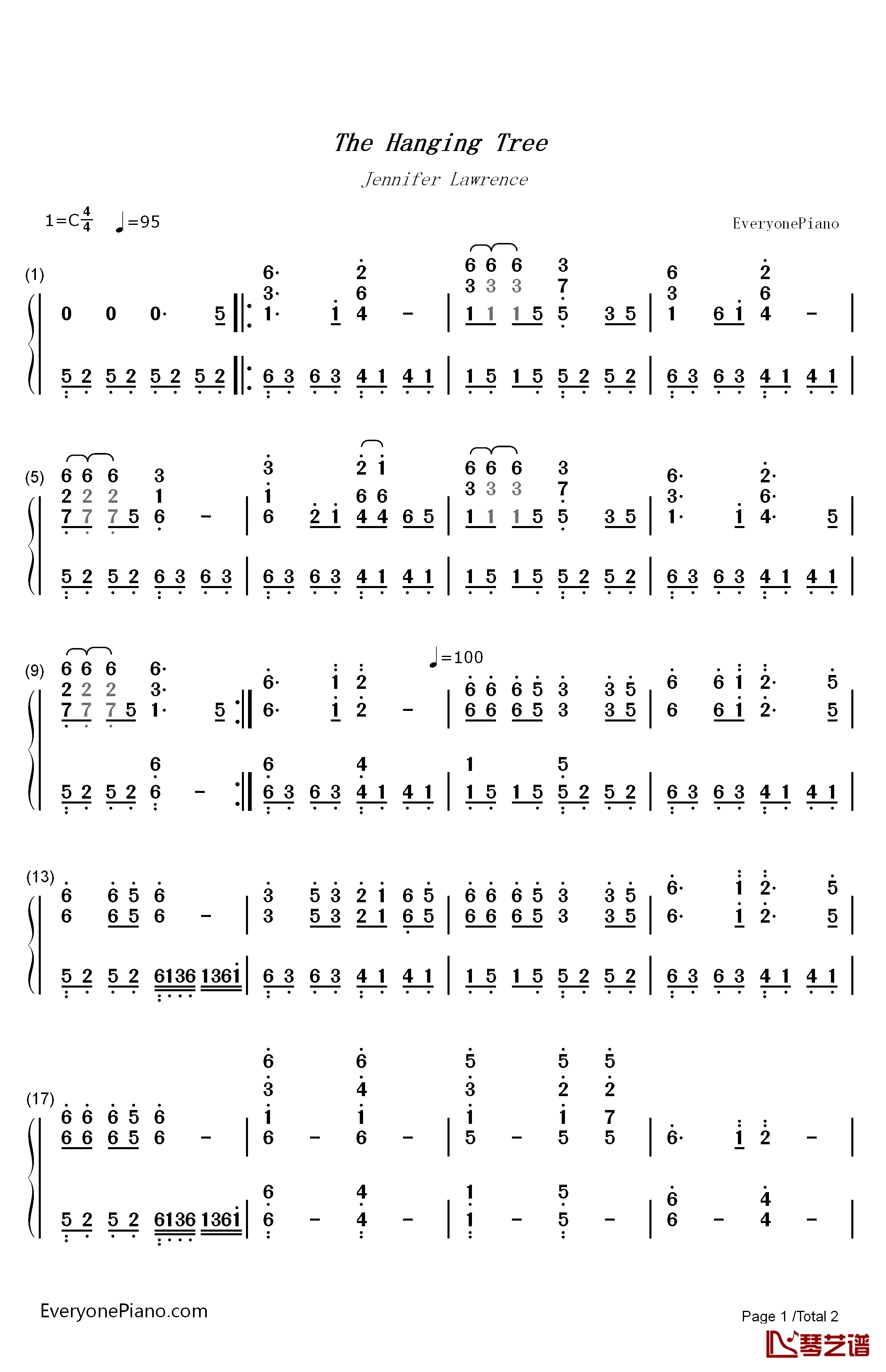 The Hanging Tree钢琴简谱-数字双手-Jennifer Lawrence1