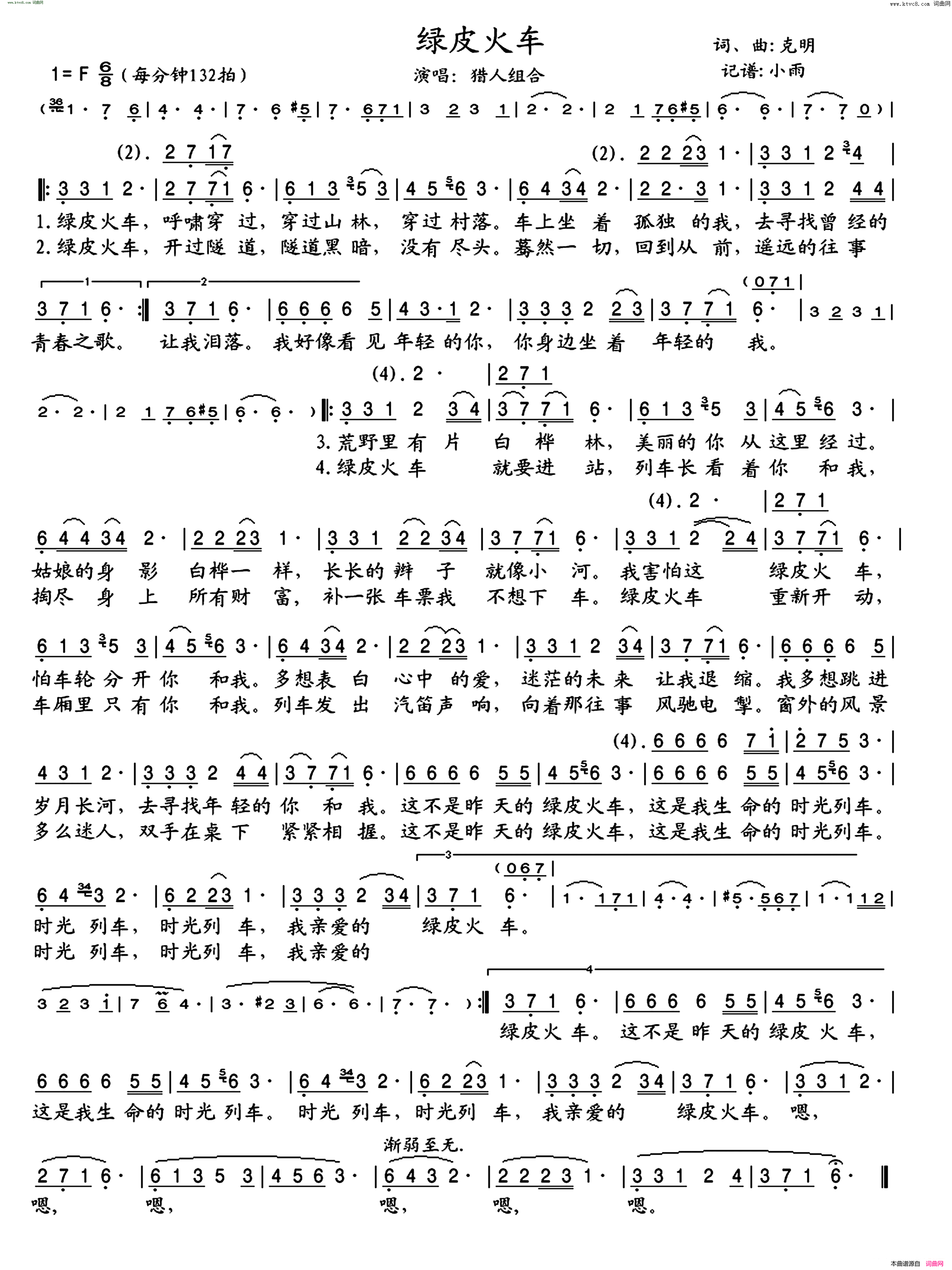 绿皮火车猎人组合演唱版简谱-猎人组合演唱-克明/克明词曲1