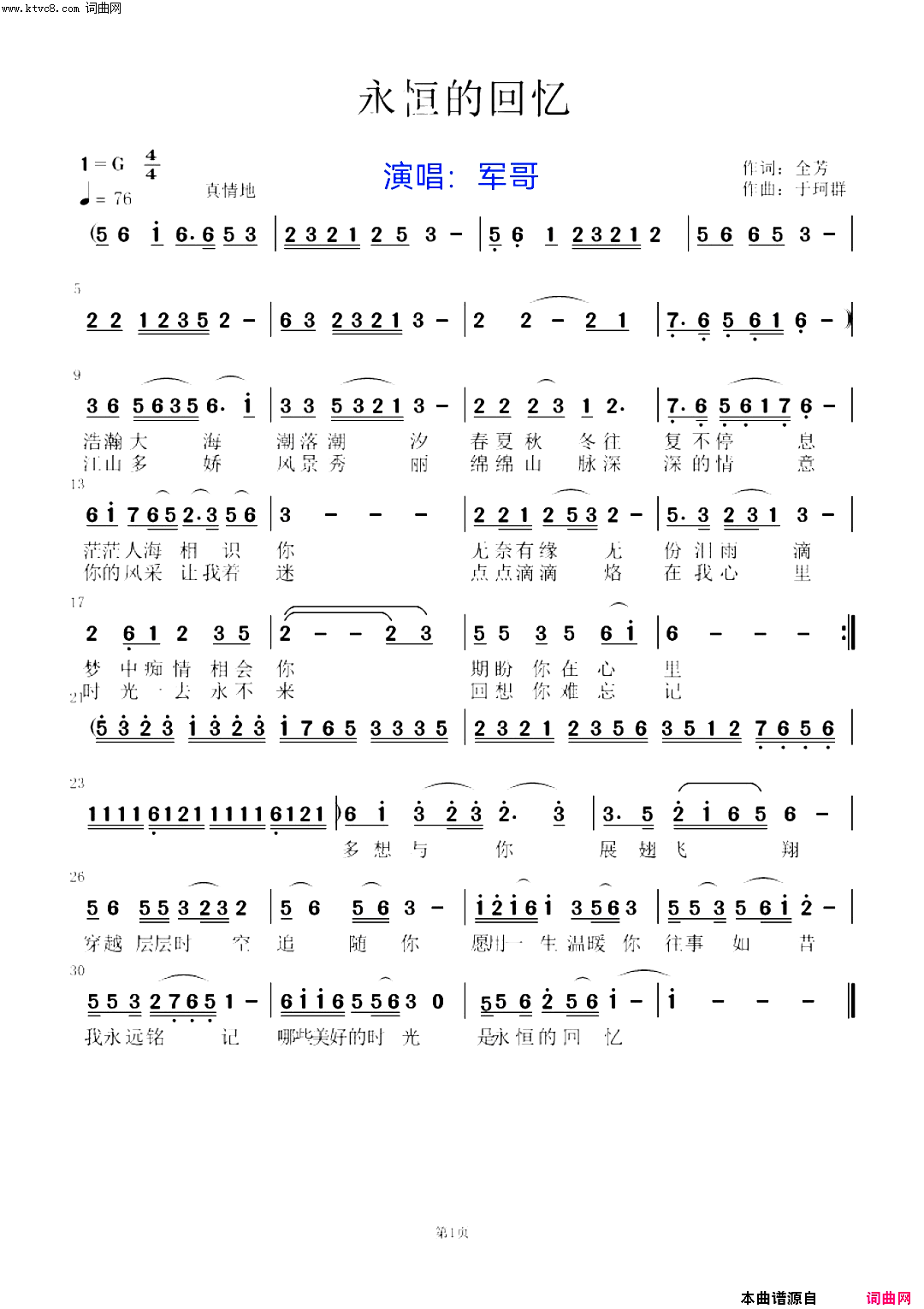 《永恒的回忆》简谱 全芳作词 于珂群作曲 军哥演唱 全芳编曲  第1页