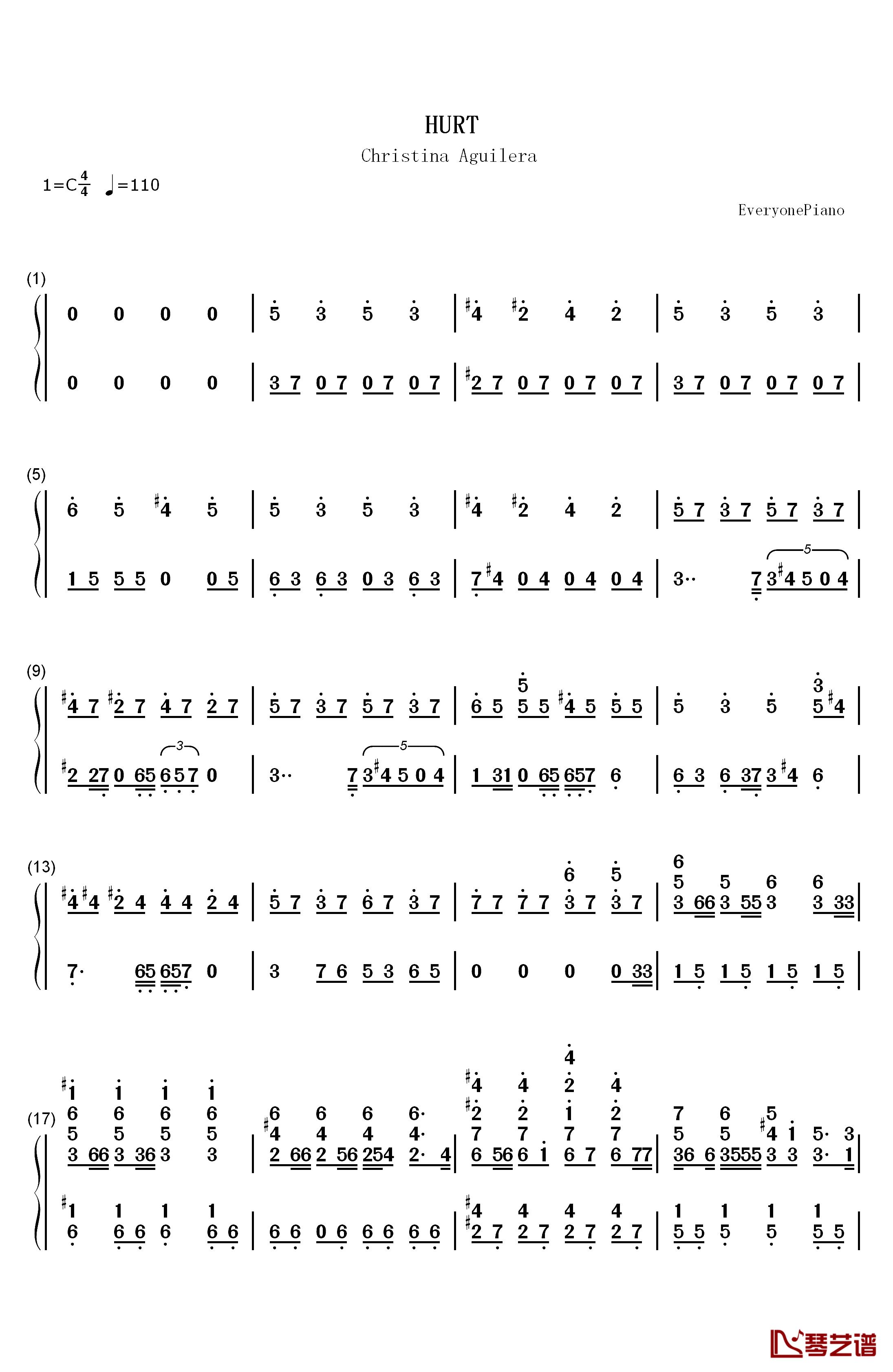 Hurt钢琴简谱-数字双手-Christina Aguilera1