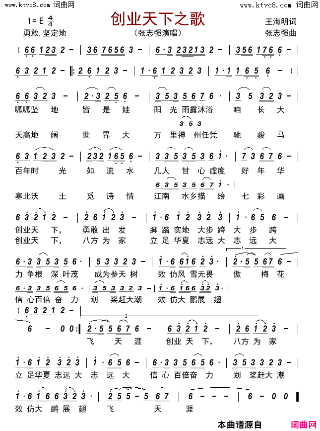 创业天下之歌简谱-张志强演唱-王海明/张志强词曲1