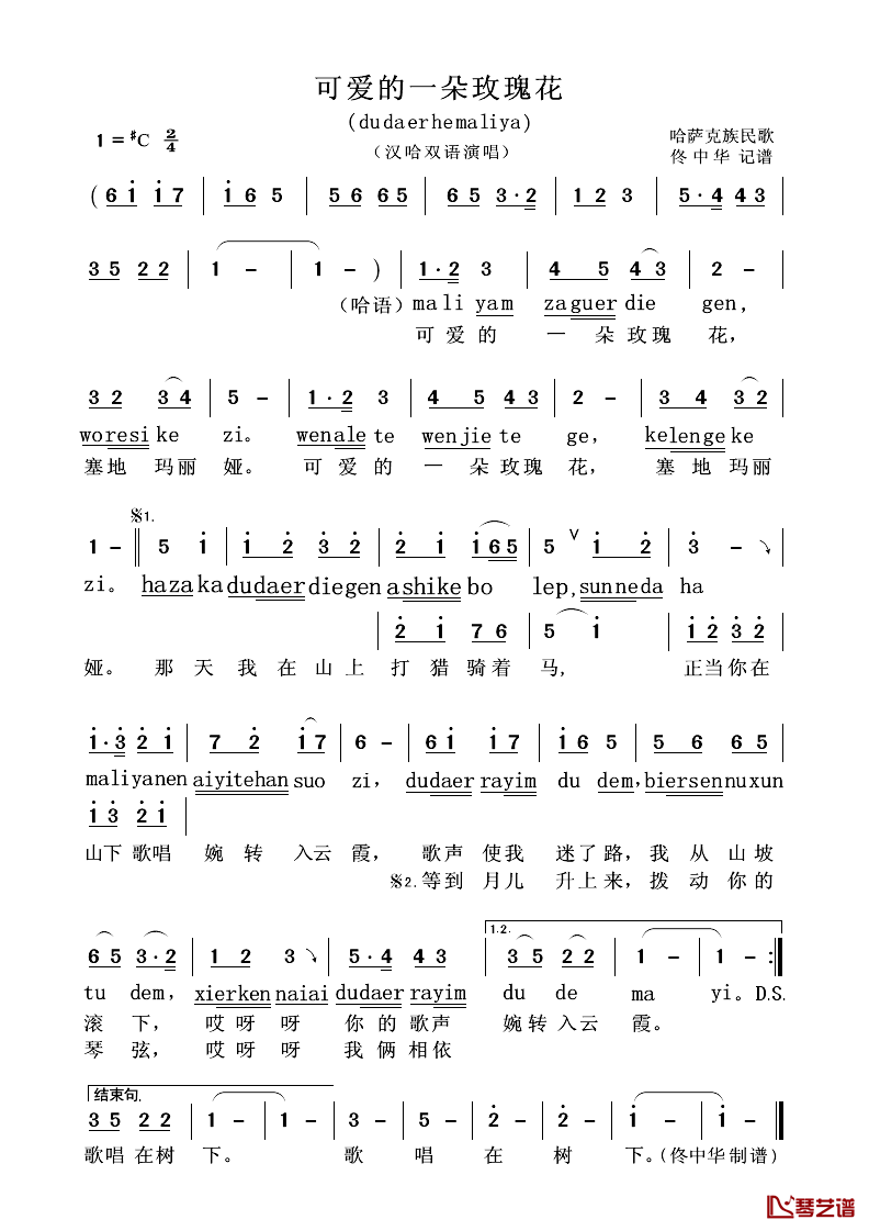 可爱的一朵玫瑰花简谱-汉哈双语演唱1